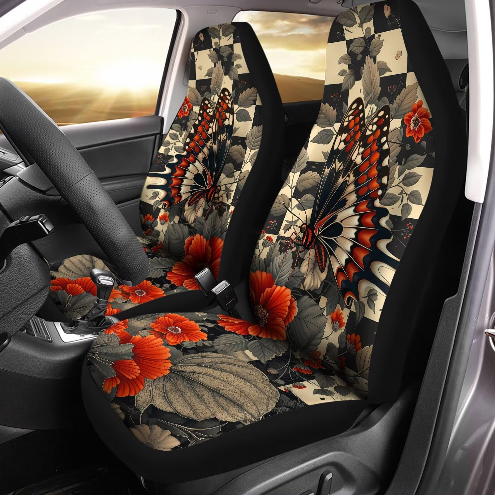 Auto-Sitzbezüge Black Butterfly Red Poppy Flower Plaid Sitzbezüge Für Autositz Einfach Zu Säubern Schutzbezüge rutschfest Sitzschoner Für Auto LKW Lieferwagen von Generic