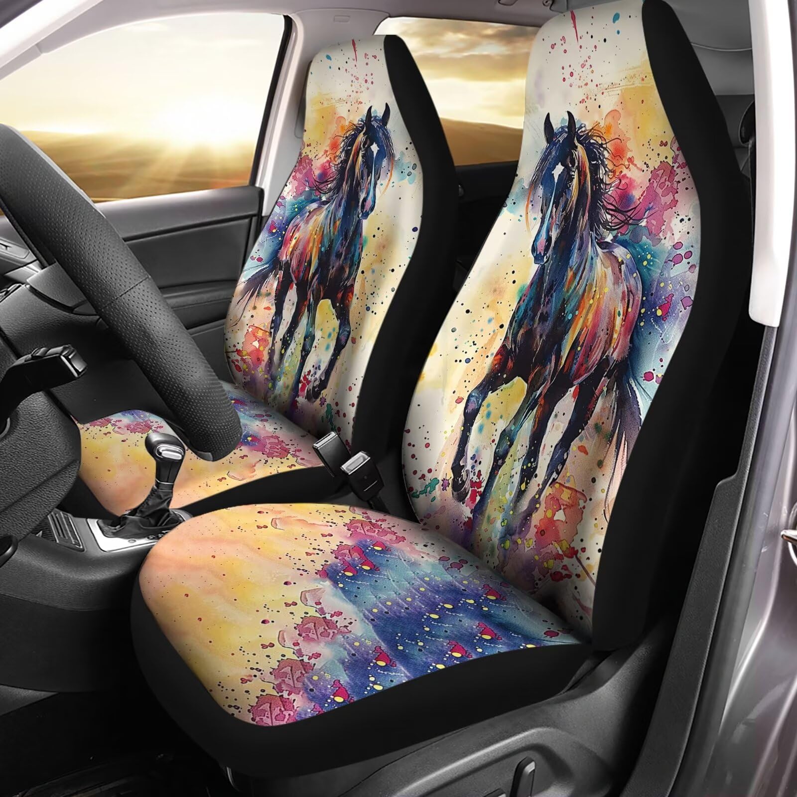 Auto-Sitzbezüge Black Horse Color Splash Autositzschoner rutschfest Autositz Vorne Elegance Autositzbezüge Schonbezüge Für Limousinen Pick-Up Truck SUV von Generic