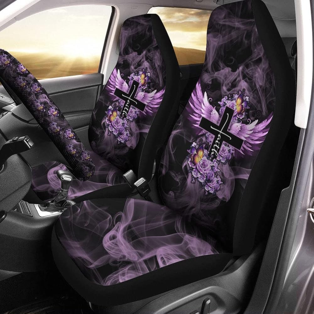 Auto Sitzbezüge Lila Jesus-Kreuz-Rosen Im Lila Rauch Sitzbezug Auto Vordersitze Top-Qualität Autositzbezüge Passform Autositzbezüge Vordersitze Für Autos, Suvs, Lastwagen, 52X138Cm von Generic