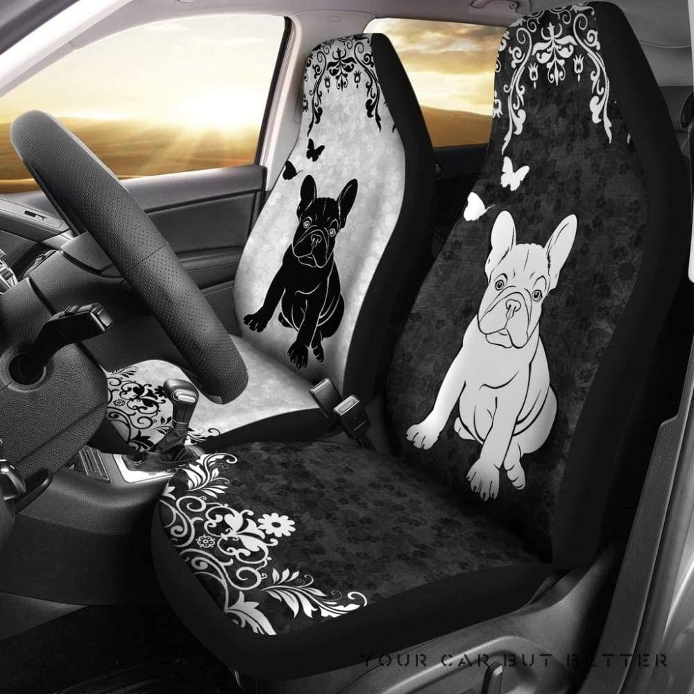 Auto Sitzbezug Französische Bulldogge Mit Schwarz-Weißem Blumenmuster Autositzbezüge Waschbar Autositzschoner Universal Fit Auto Vordersitzbezug Passend Für Alle Fahrzeuge Limousine 52X138 cm von Generic