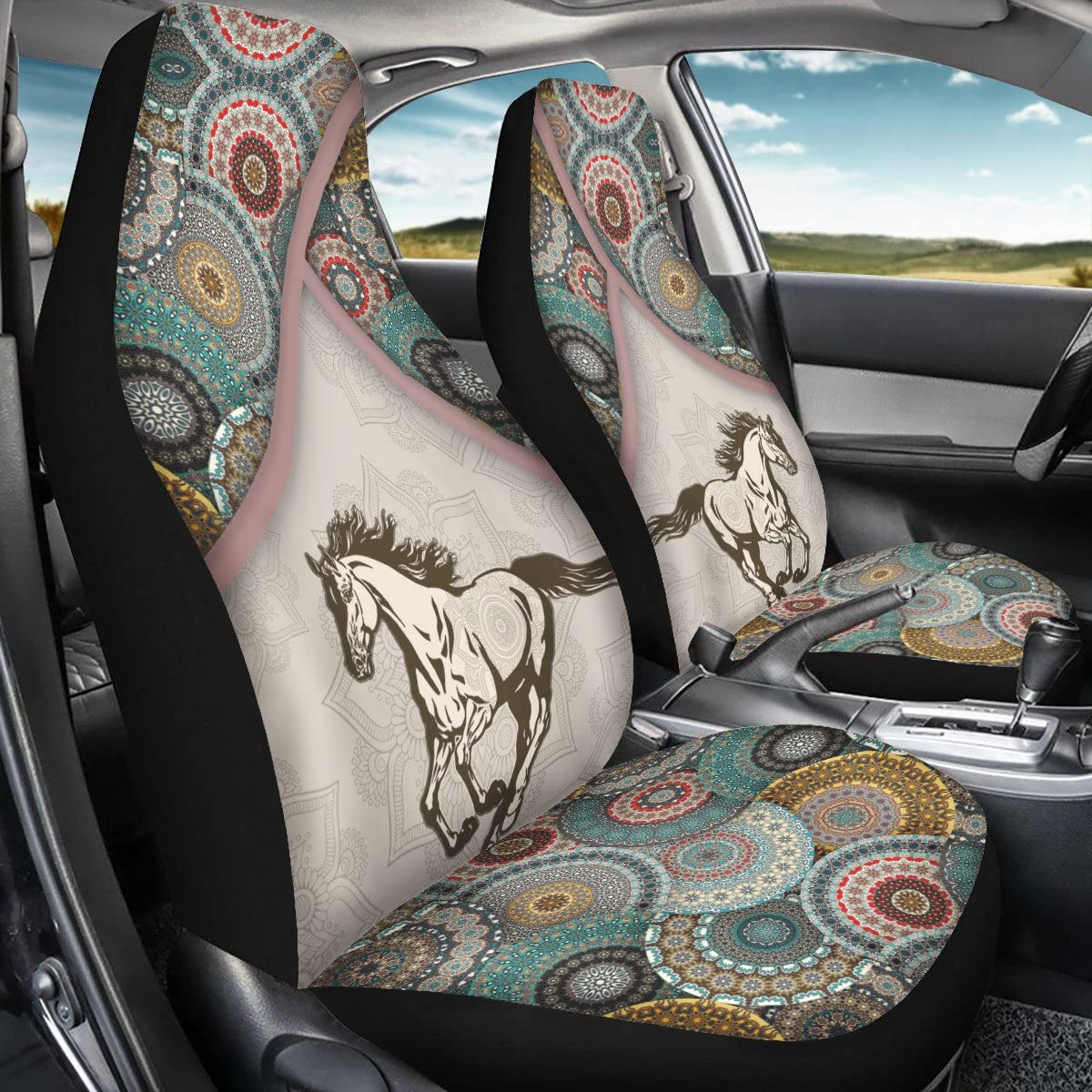 Auto Sitzbezug Horse with Mandala Flower Innenraum Sitzschoner Universell Passende Autositzbezüge Premium Design Sitzbezüge Set Universal Für Wagen, Suvs, Autos, 52X138Cm von Generic