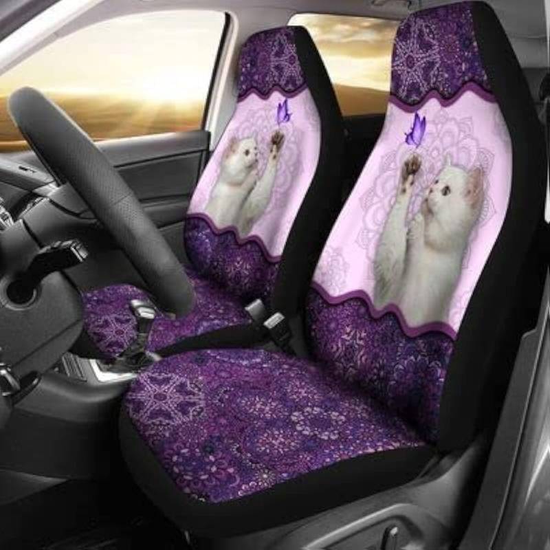 Auto Sitzbezug Weiße Katzen-Lila Mandala-Blumen-Muster Autositzbezüge Top-Qualität Autositzbezüge Vordersitze Einfach Zu Montierende Auto-Zubehör Für Wagen, Lastwagen, Wohnmobil, 52X138Cm von Generic