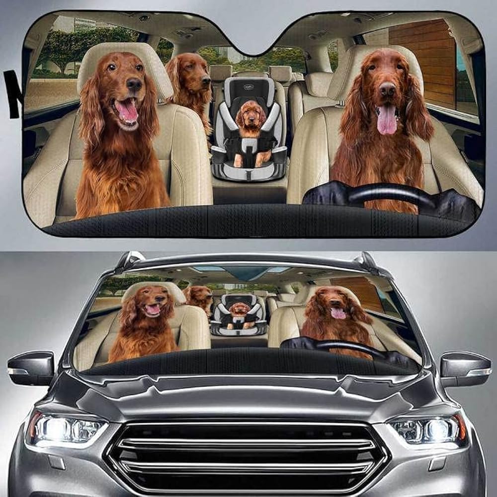 Auto Sonnenschutz Funny Irish Setter Dog Family Driving Scheibenabdeckung Auto Uv Schutz Auto Windschutzscheiben Abdeckung Für Suvs, Limousinen, Meisten Fahrzeuge, 76X140cm von Generic