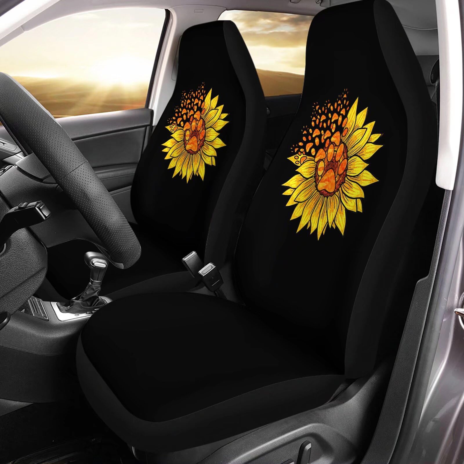 Auto Vordersitzbezüge Gelbe Sonnenblume & Pfote Autositzschoner Klassische Sitzbezüge Für Autositz Hochleistungs Schonbezug Fahrersitz Für Pick-Up Truck Autos LKW von Generic