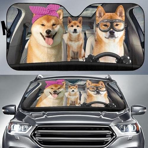 Auto Windschutzscheibe Sonnenschirm Faltbar Auto Frontscheibe Sonnenschutz Wasserbeständig Universal Für Auto Lustiger Shiba Inu, Der Stirnband Und Brillen-Hundefamilien-Sommer Fährt S von Generic