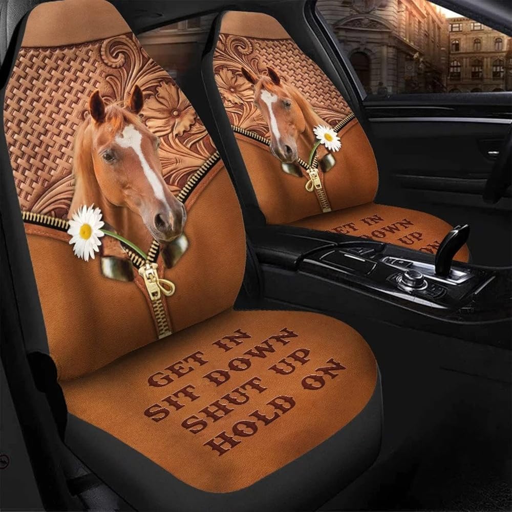 Auto-Zubehör Brown Horse Out of Zipper with Daisy Flower Wooden Pattern Schonbezüge Autoauflage Universell Passende Auto Sitzbezug Premium Design Sitzbezug Auto Vordersitze von Generic