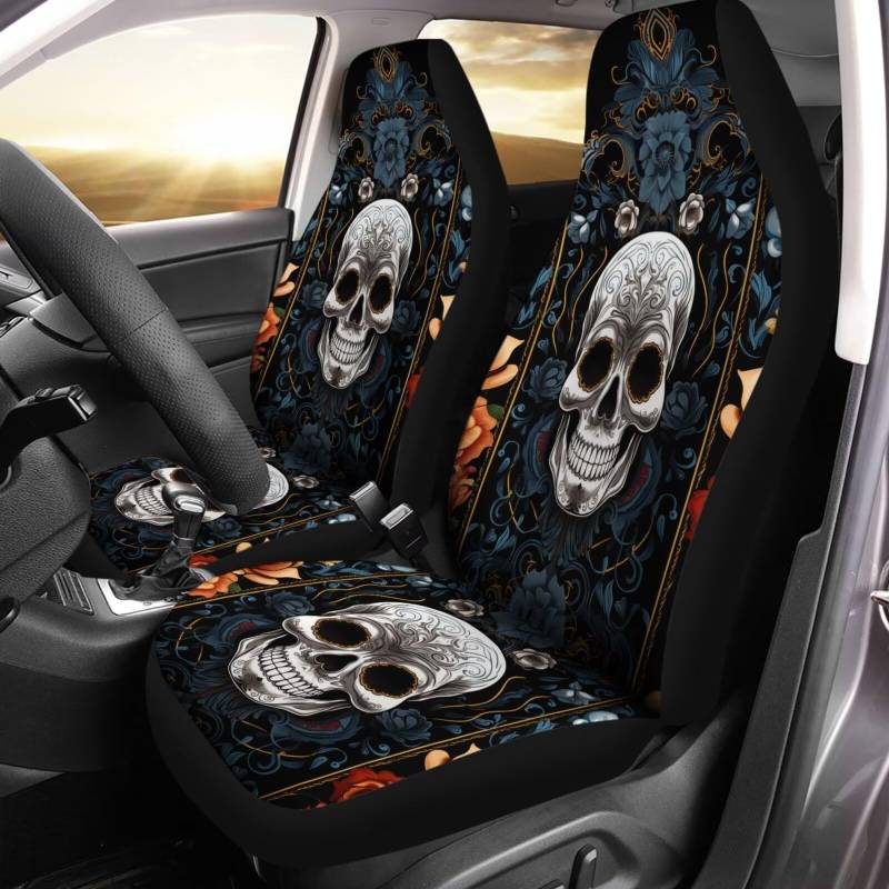 Autositzbezüge Schonbezüge Grauer Totenkopf Blaue Blume Kunst Design Pkw-Sitzbezug rutschfest Auto Vordersitzbezüge Hochleistungs Schonbezug Fahrersitz Für Limousinen SUV Lieferwagen von Generic