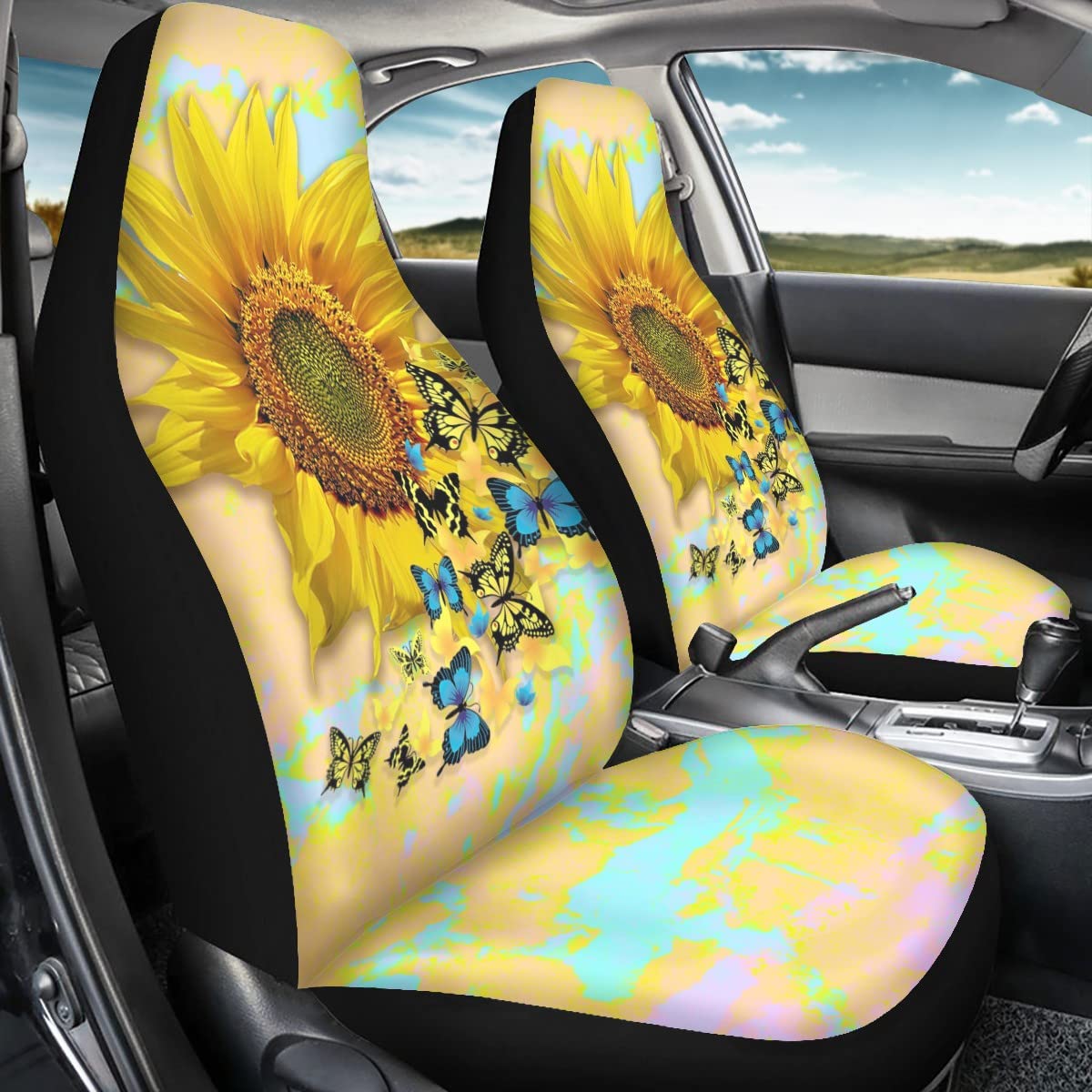 Autositzbezüge Vordersitze Gelbe Sonnenblume Mit Schmetterlingen Innenraum Sitzschoner Einfach Zu Montierende Autositzbezug Klassisch Auto Sitzbezug Für Lastwagen, Suvs, Wohnmobil, 52X138Cm von Generic