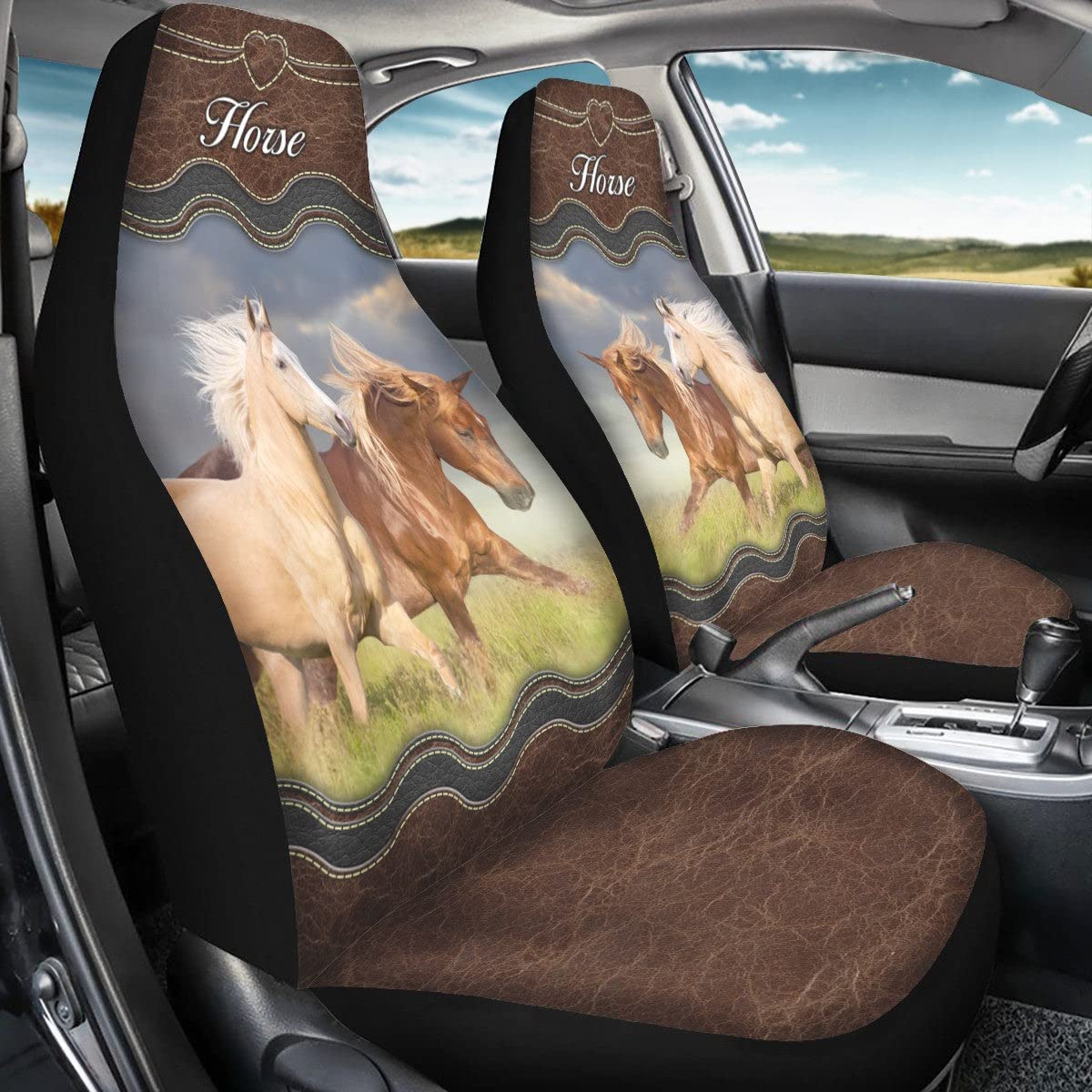 Autositzbezüge Vordersitze Love Running Horse Ledermuster Gedruckt Autoschonbezüge Klassisch Auto-Zubehör Universell Passende Sitzbezüge Set Universal Für Autos, Lastwagen, Wohnmobil, 52X138Cm von Generic