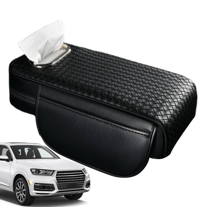 Autozentrum Konsoleabdeckung, Leder -Auto -Tissue -Box -Halter -Konsole -Konsolenabdeckung | Armlehre Box Car Cishion Pad mit 2 Seitentaschen für Auto -SUV -Limousine, Auto Armlehre Lagerbox von Generic