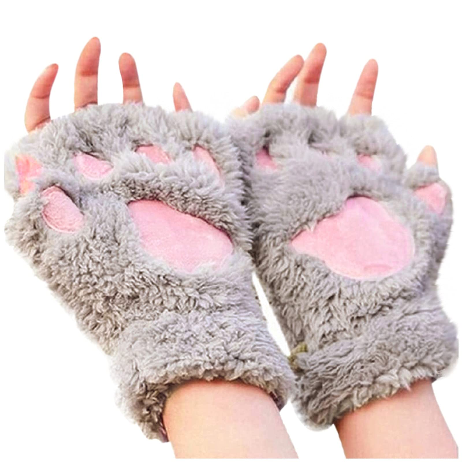 Fingerlose Handschuhe Damen Katzenpfote Handschuhe Niedliche Cartoon Winter Handschuhe Dicken Warme Winterhandschuhe Mädchen Plüsch Halb Handschuhe Katzen Handschuhe Fingerless Gloves (Grey, One Size) von Generic