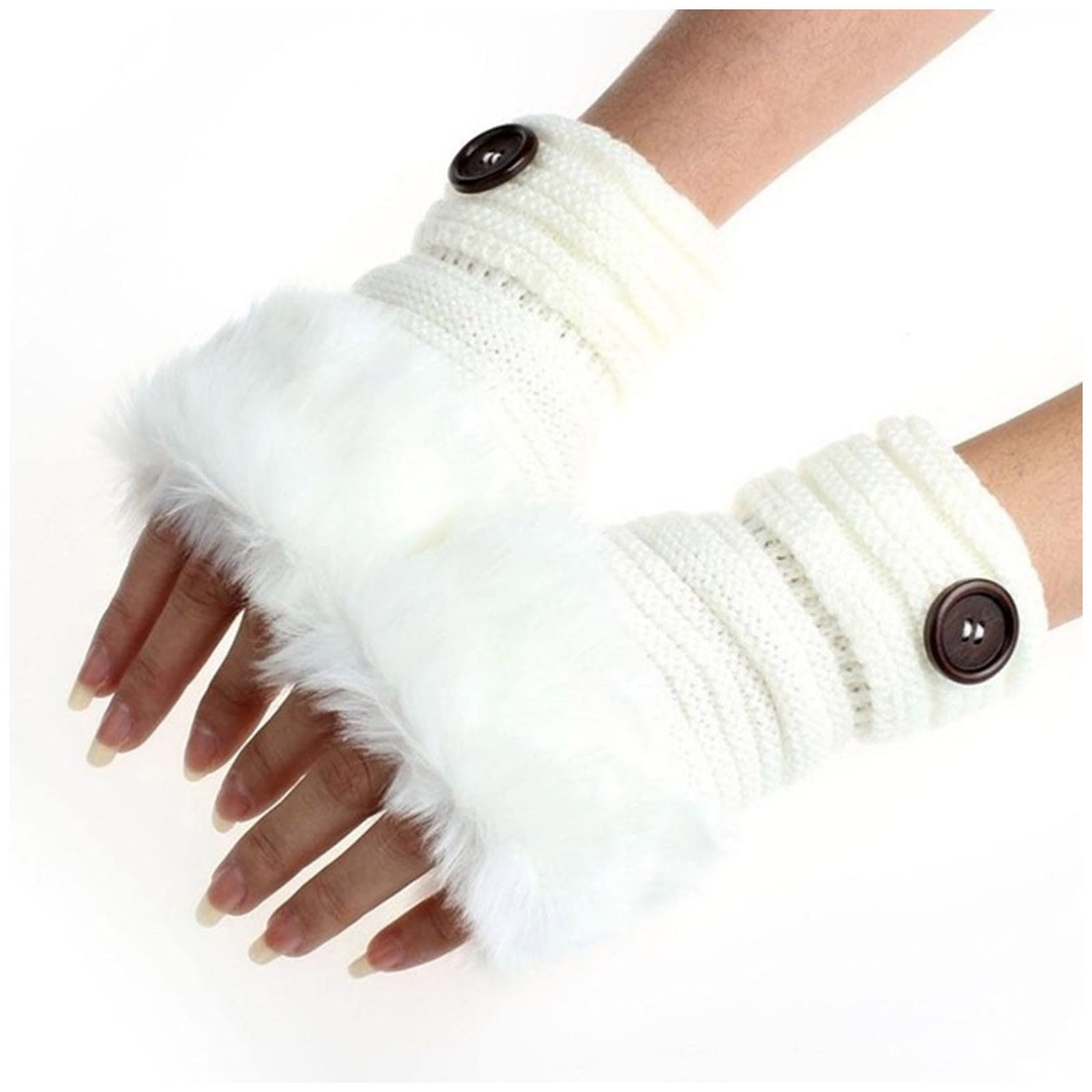 Frauen-Kaninchen-Fingerless-Handgelenk-Imitat-Handschuhe warme -Fäustlinge-Winter-Handschuhe Erstkommunion Haarschmuck (White, One Size) von Generic