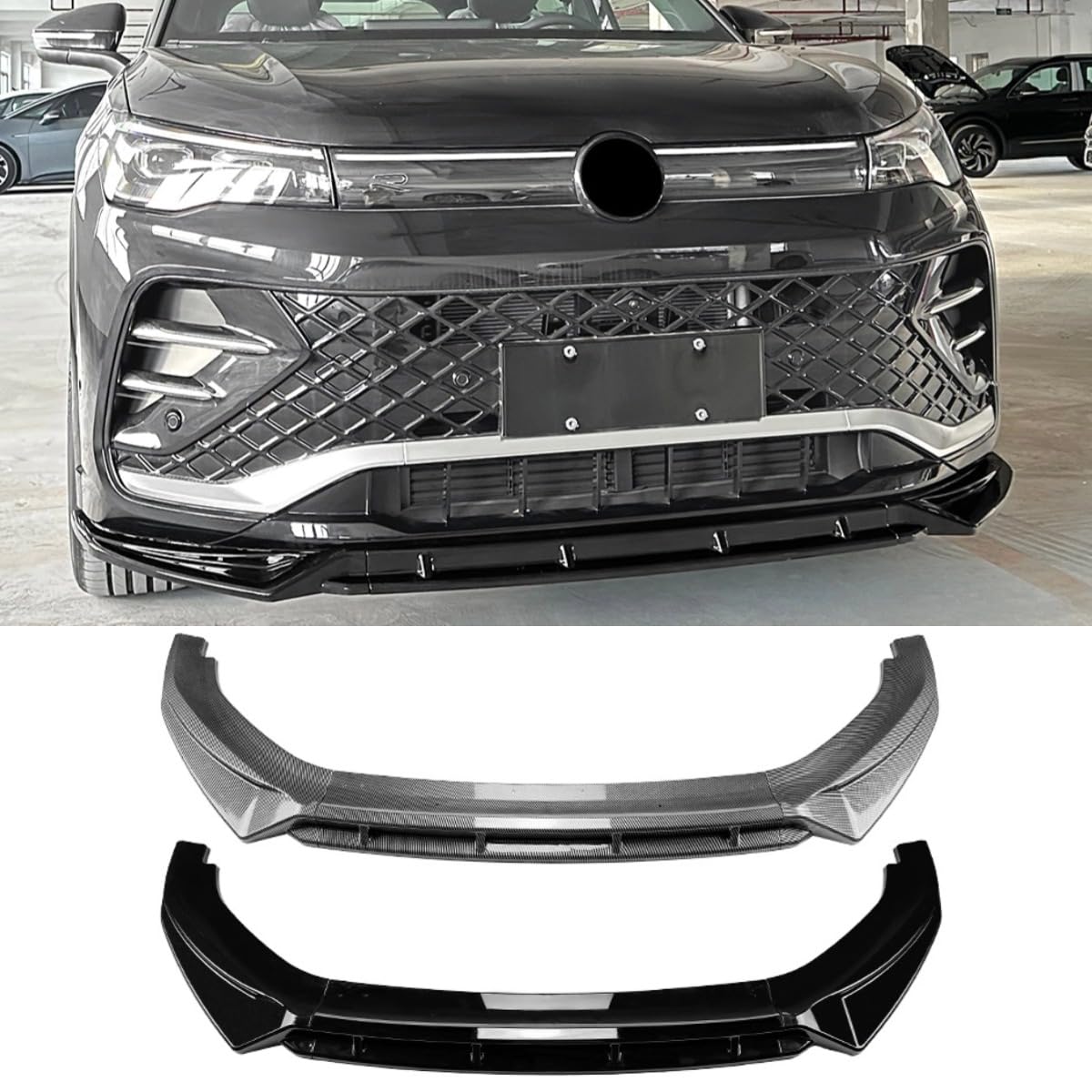 Frontstoßstangen-Diffusor, kompatibel mit VW Tiguan R 2024+, Karosserie-Set, Frontstoßstangenschutz, Splitter, Lippenschutz, Schürze, Zubehör (Kohlefaser-Optik) von Generic