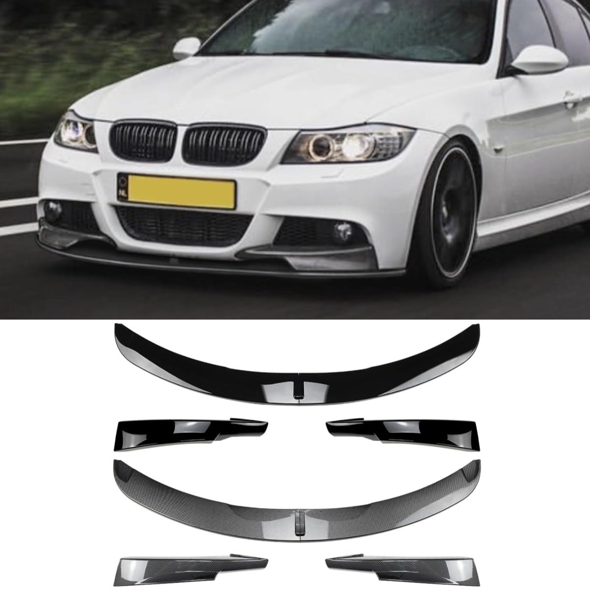 Frontstoßstangenschürze, kompatibel mit BMW 3er-Serie E90 E91 LCI M Sport 2009–2012 Karosserie-Kit Frontstoßstangen-Splitter Frontstoßstange Spoiler Diffusorlippe Zubehör (Kohlefaser-Optik von Generic