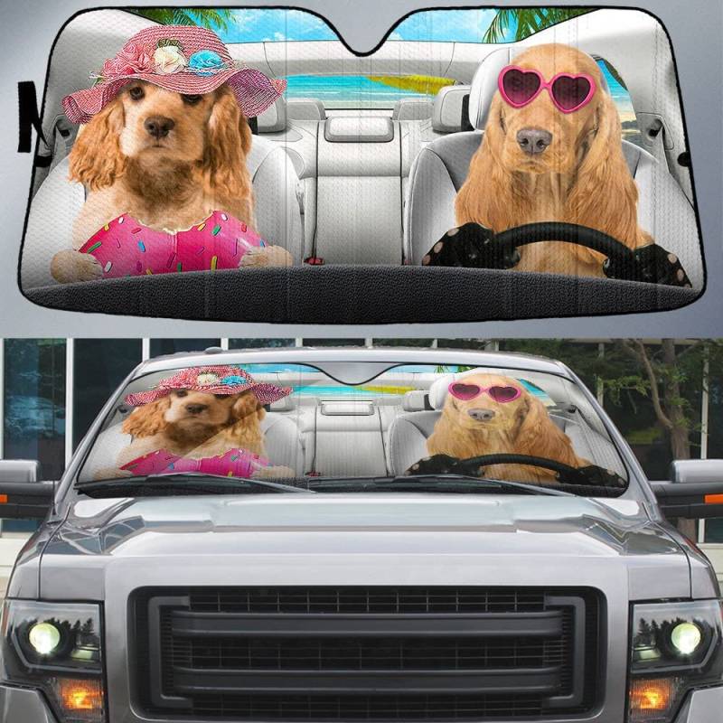 Generic Universal Auto Sonnenschutz Cocker Spaniel Hundepaar Beim Fahren, Sonnenschutz Frontscheibenabdeckung Wasserbeständig Auto Windschutzscheiben Abdeckung Für Wagen Geländewagen S von Generic