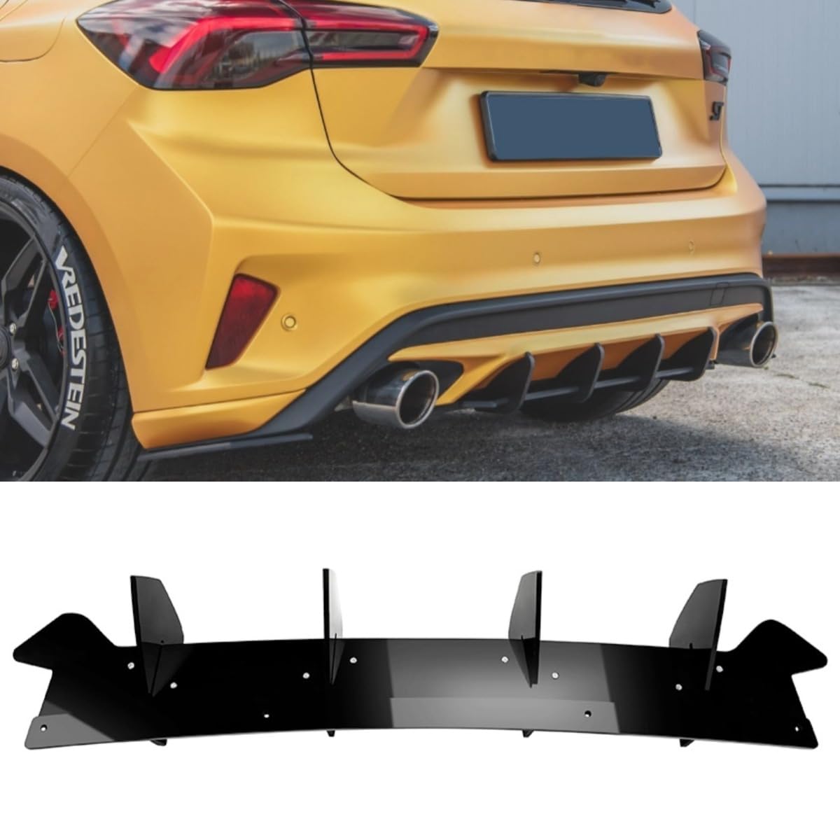 Heckstoßstange Spoiler Kompatibel mit Ford Focus ST MK4 2018-2021 Body Kit Heckstoßstange Diffusor Lippenschutz Guard Splitter Autozubehör (Glänzend Schwarz) von Generic