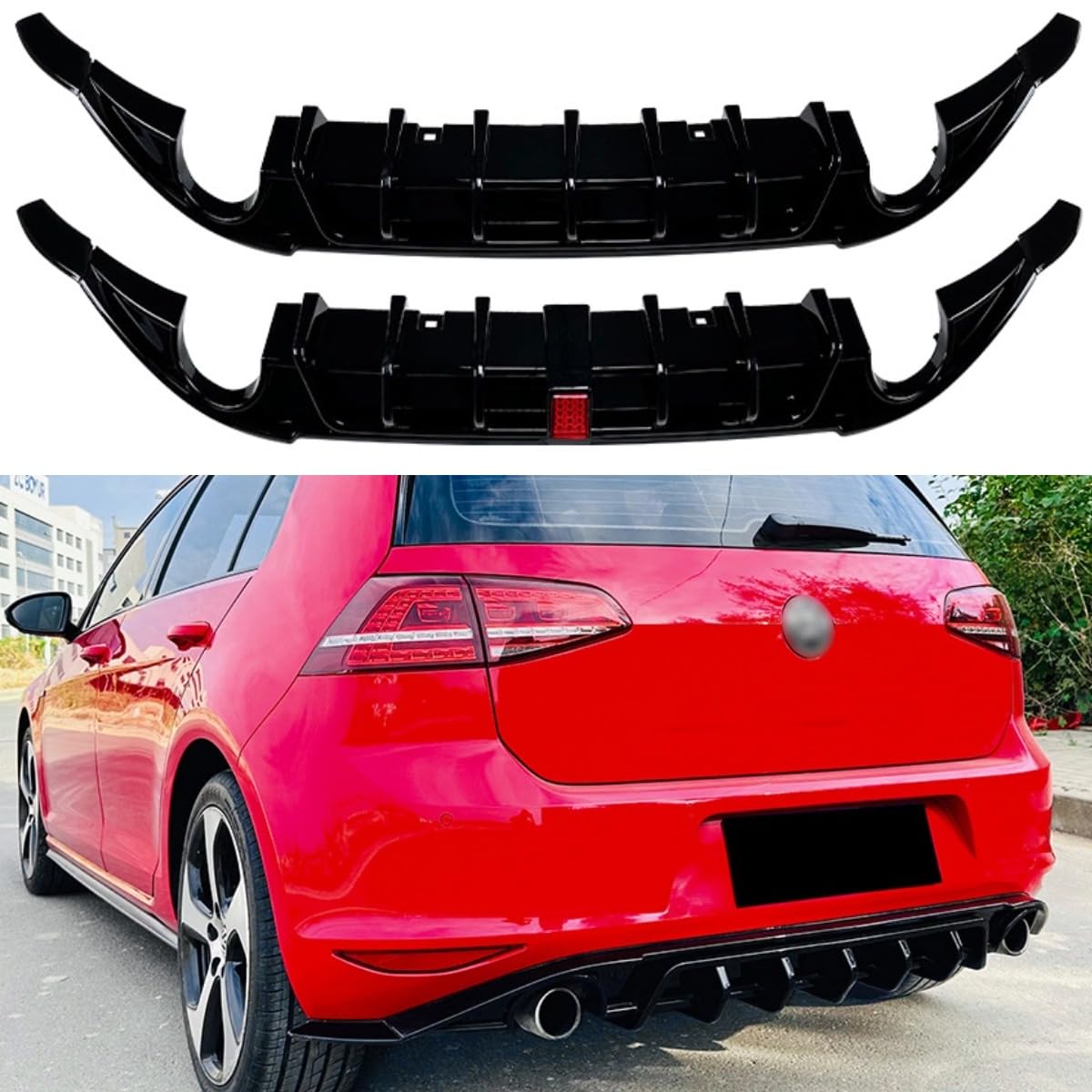 Heckstoßstangenlippe Kompatibel mit VW Golf MK7 GTI 2013-2016 Karosserie-Kit Heckstoßstange Spoiler Diffusor Splitter Protector Zubehör (Glänzend Schwarz mit Lampe) von Generic