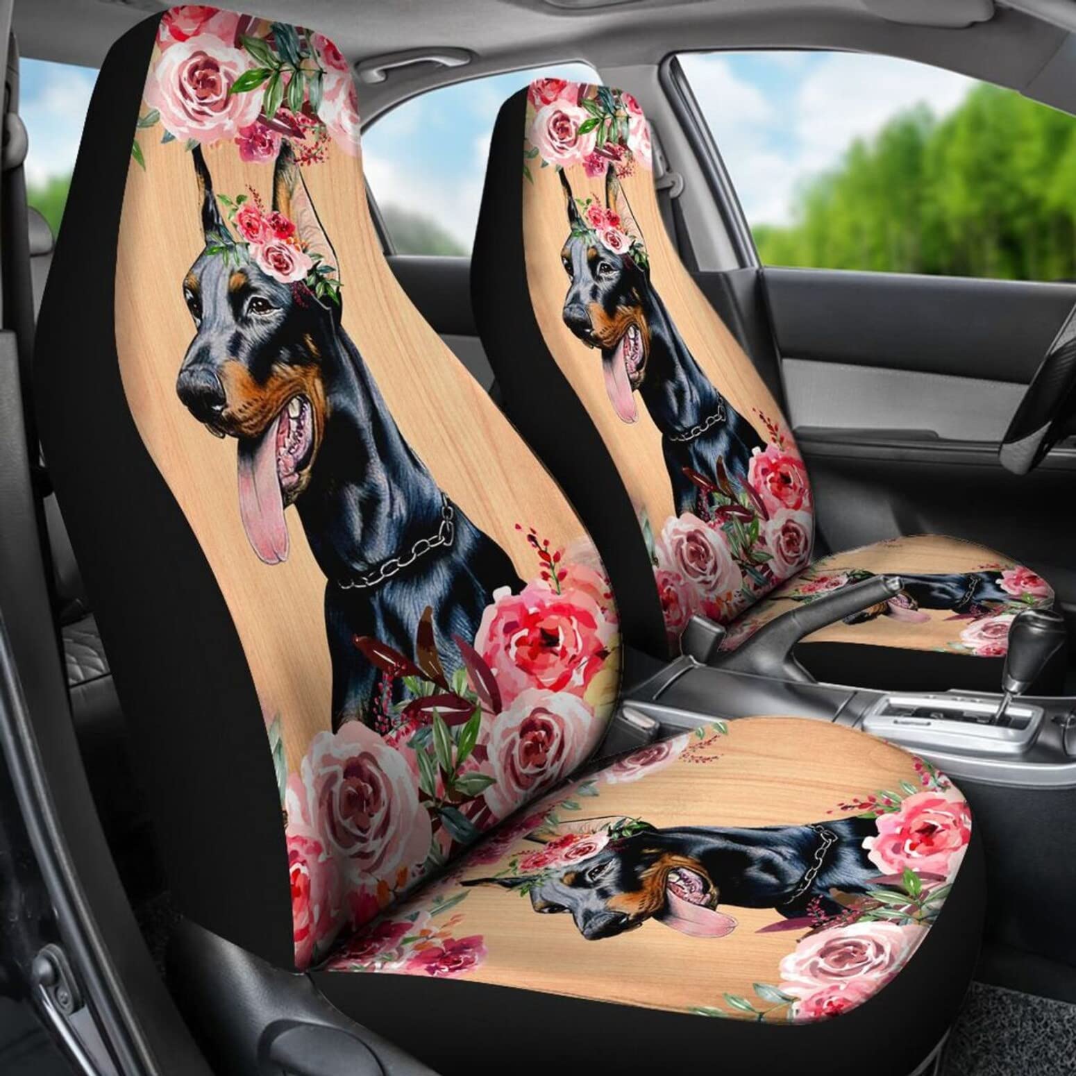 Innenraum Sitzschoner Dobermann Tragen Blumen Kranz Sitzbezug Auto Vordersitze Universelle Sitzbezüge Set Universal Wasserdicht Auto-Zubehör Für Lastwagen, Suvs, Wagen, 52X138Cm von Generic