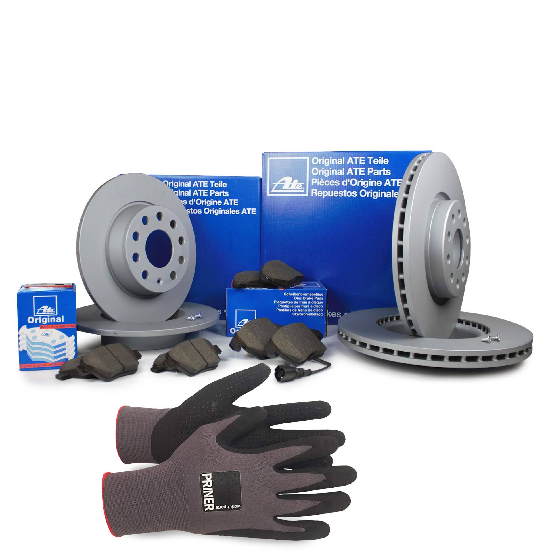 Inspektionspaket ATE Bremsen Set inkl. Bremsscheiben und Bremsbeläge für vorne Ø 312 mm und hinten Ø 282 mm enthalten, 100% passend für Ihr Fahrzeug, inkl. Priner Montagehandschuhe, AN195 von Generic