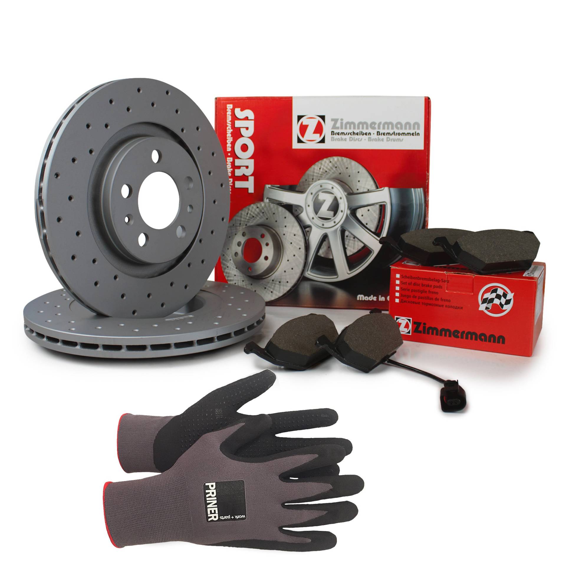 Inspektionspaket Zimmermann Sport Bremsen Set inkl. Bremsscheiben 312 mm und Bremsbeläge für vorne, 100% passend für Ihr Fahrzeug, inkl. Priner Montagehandschuhe, AN116 von Generic