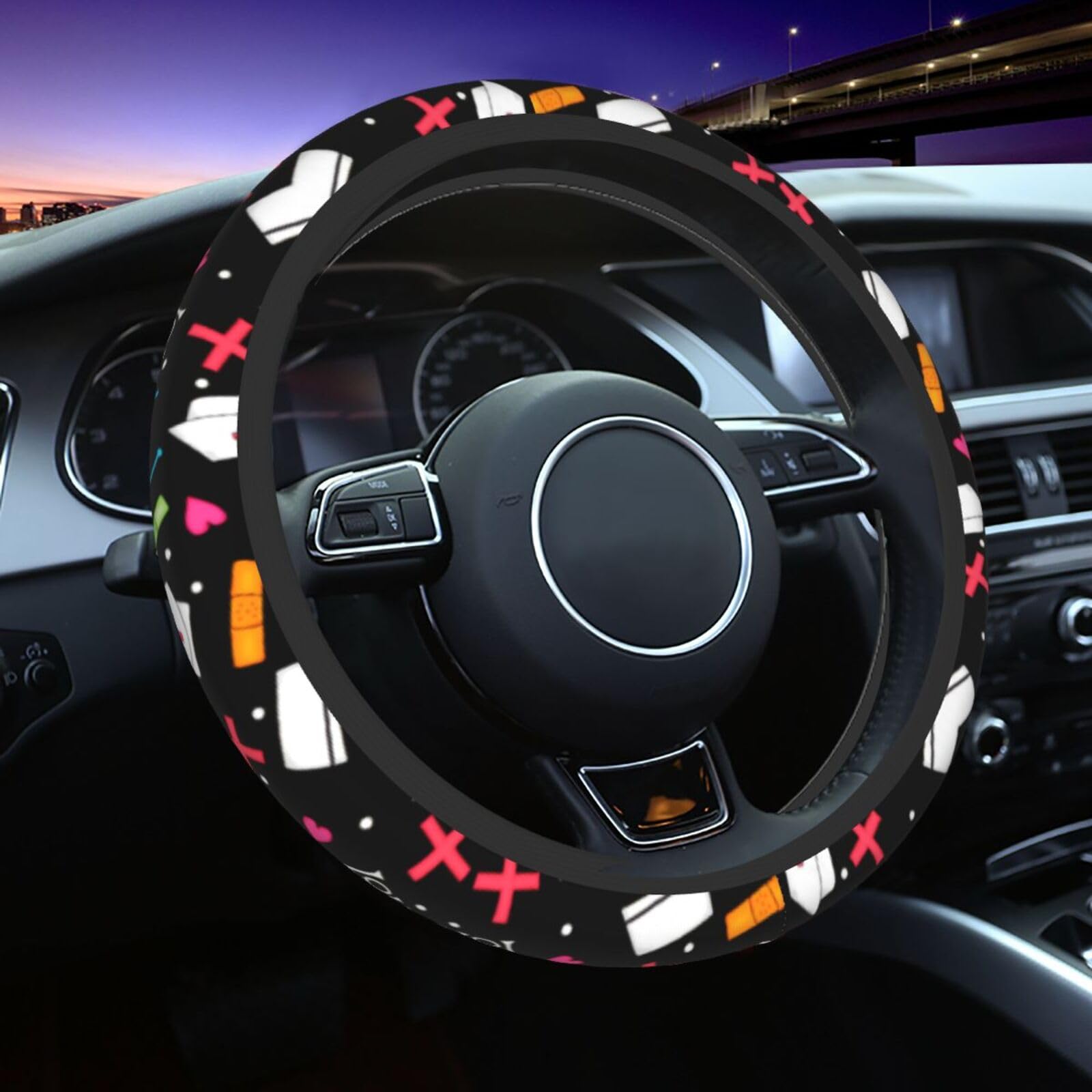 Lenkradbezug 38Cm，Liebe Eine Krankenschwester Kunst Schwarz Lenkrad Schutzabdeckung Mode Steering Wheel Cover Auto Geruch Frei Lenkradbezug Auto Für Frauen Wintersaison Winter von Generic