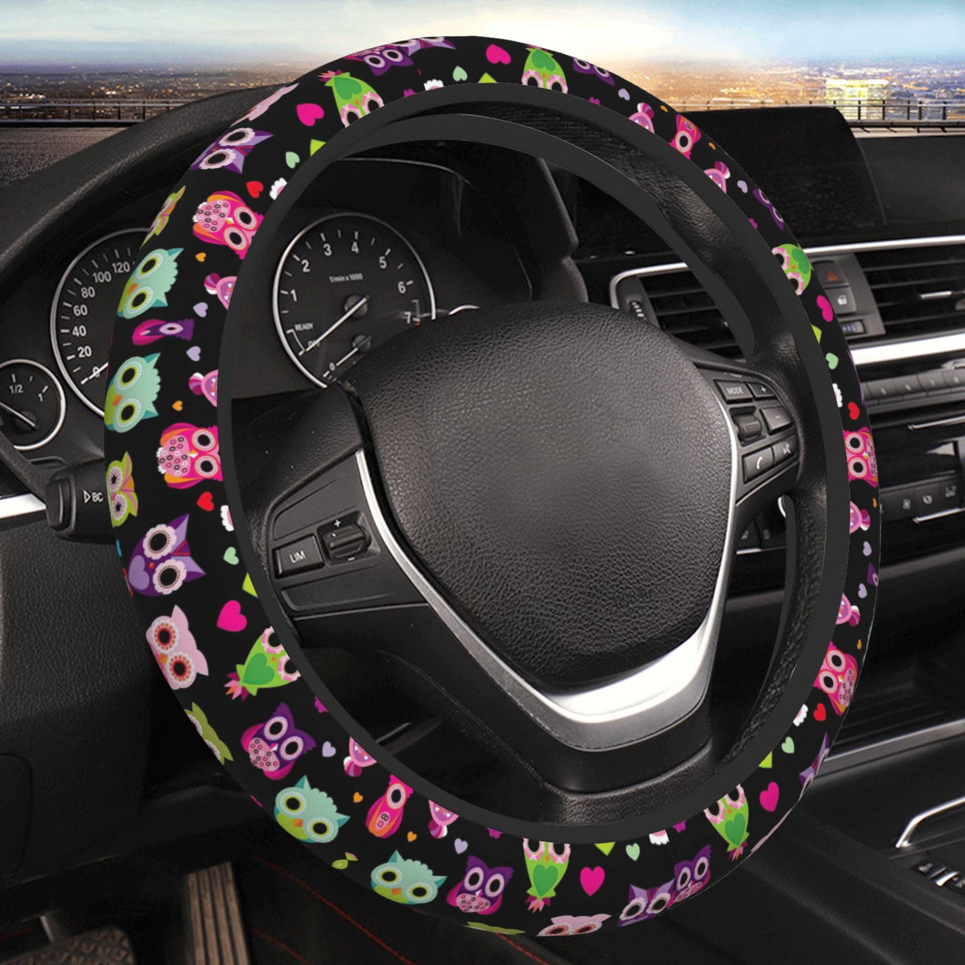 Lenkradbezug Karikatur, Buntes, Eule Steering Wheel Cover Auto Anti Rutsch Auto Lenkrad Abdeckung Sicherheit Auto Lenkrad Schutzhülle Für Fahrzeug SUV Auto von Generic