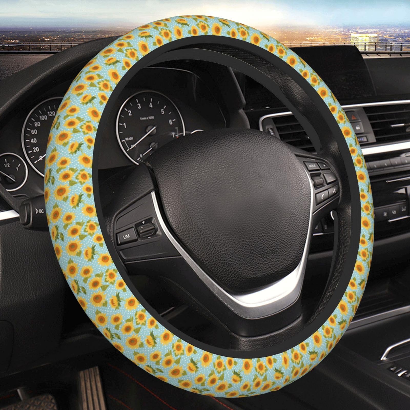 Lenkradbezug Sonnenblumen Mit Weißen Punkten Geruch Frei Steering Wheel Cover Premium Lenkradhülle Für Herren Damen 38Cm von Generic