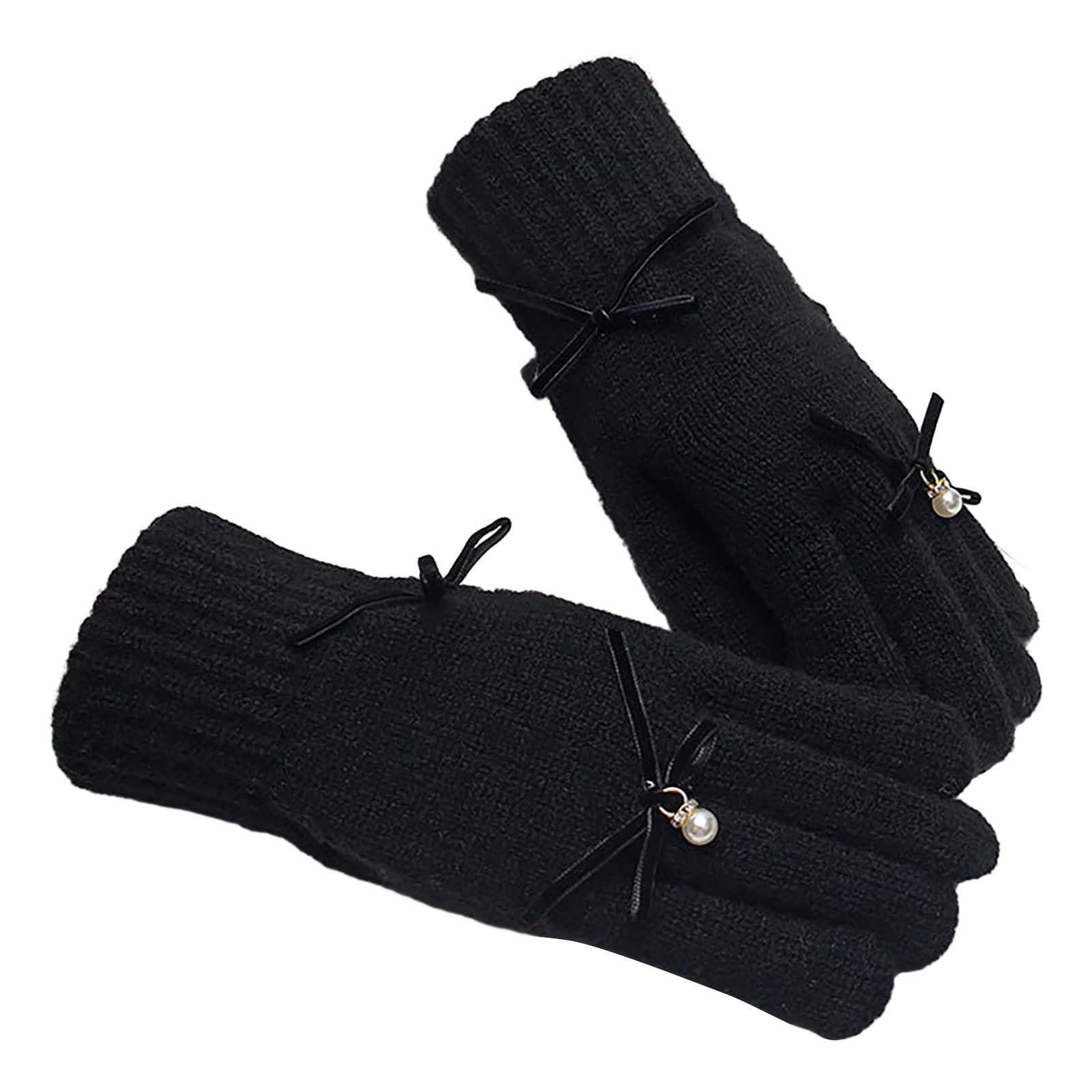 Long Fingerless Gloves Bow Gloves Damen Winter Warme Fünf-Zeiger-Strickhandsocken aus Wolle Handschuhe Damen FäUstlinge (Black, One Size) von Generic