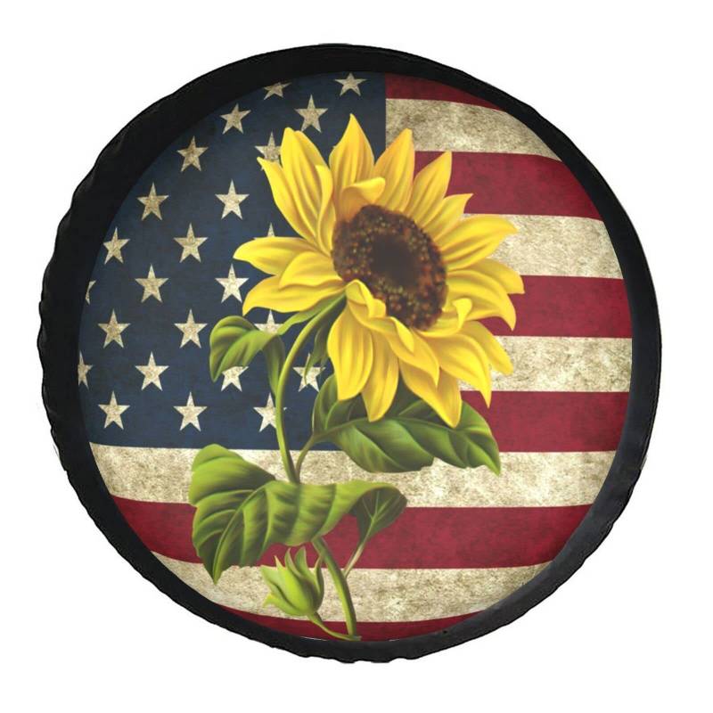 Reifen Tasche Retro Amerikanische Flagge Sonnenblume Reserveradabdeckung Waschbar Ersatzradabdeckung Uv-Schutz Reifencover Für Viele Fahrzeug Mpv 4 Saison 14 inch von Generic