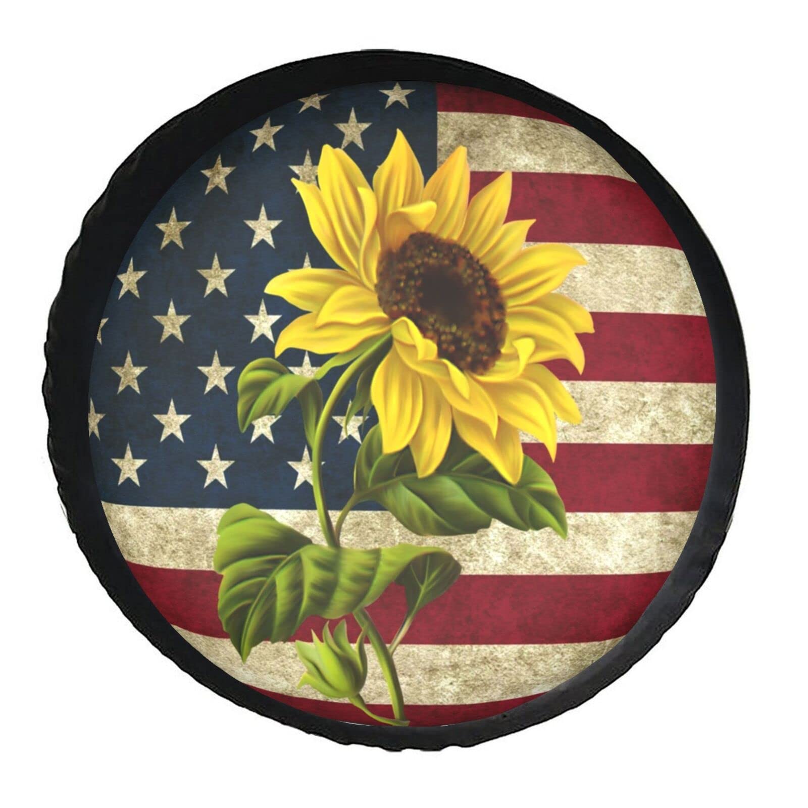 Reifen Tasche Retro Amerikanische Flagge Sonnenblume Reserveradabdeckung Waschbar Ersatzradabdeckung Uv-Schutz Reifencover Für Viele Fahrzeug Mpv 4 Saison 17 inch von Generic