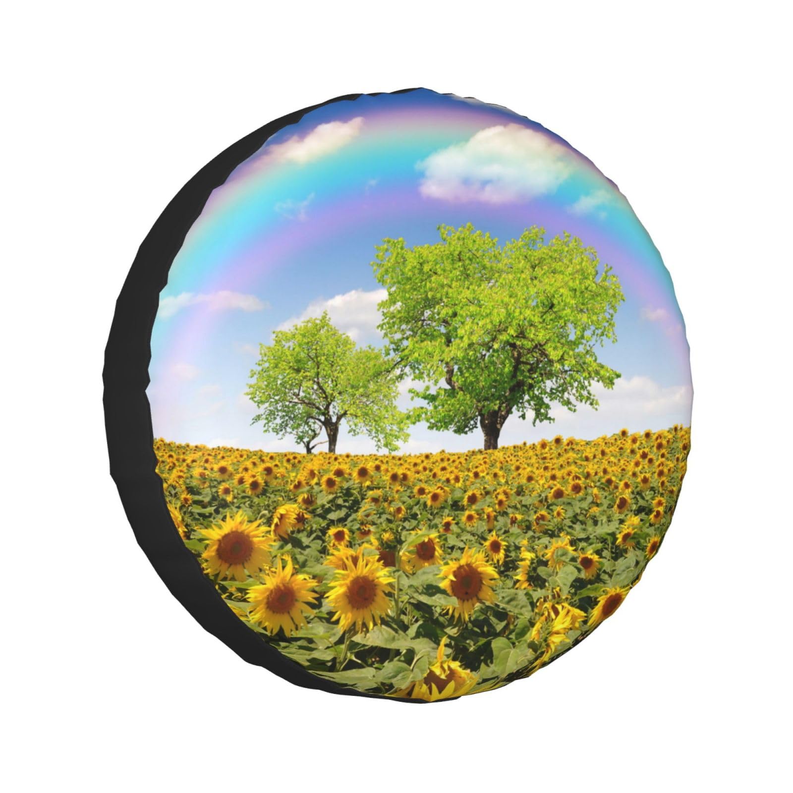 Reifencover Sonnenblumen Und Grüne Bäume Auf Dem Feld Mit Regenbogen Die Reifencover Universale Radhülle Personalisierte Ersatzradabdeckung, Für Anhänger, SUV, 15in von Generic