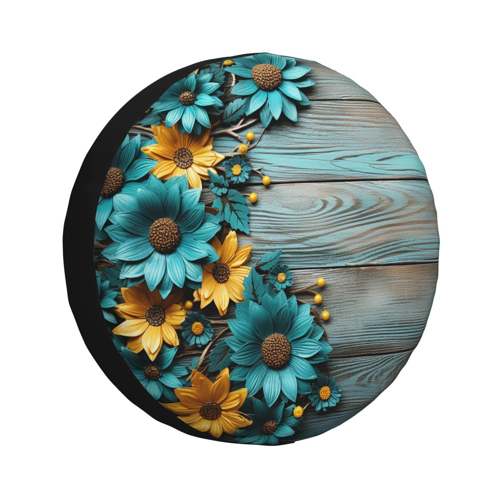 Reifenschutzabdeckung Cyan Gelb Sonnenblume Blume Aus Holz Schutzbezug Uv-Schutz Spare Tire Cover Staubdicht Reifenhülle Für Wohnmobile Geländewagen Ersatzradreifen 14 inch von Generic