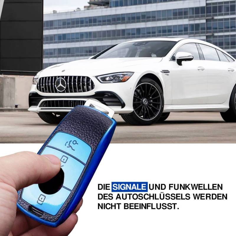 KEYSCOVER Autoschlüsselhülle für Mercedes-Benz Schlüssel - Cover Passend für E, S, A, CLA, GLA, GLE, GLC, GLK und AMG Modelle -Schlankes Design und Einfache Installation (Blau- Leder) von keyscover