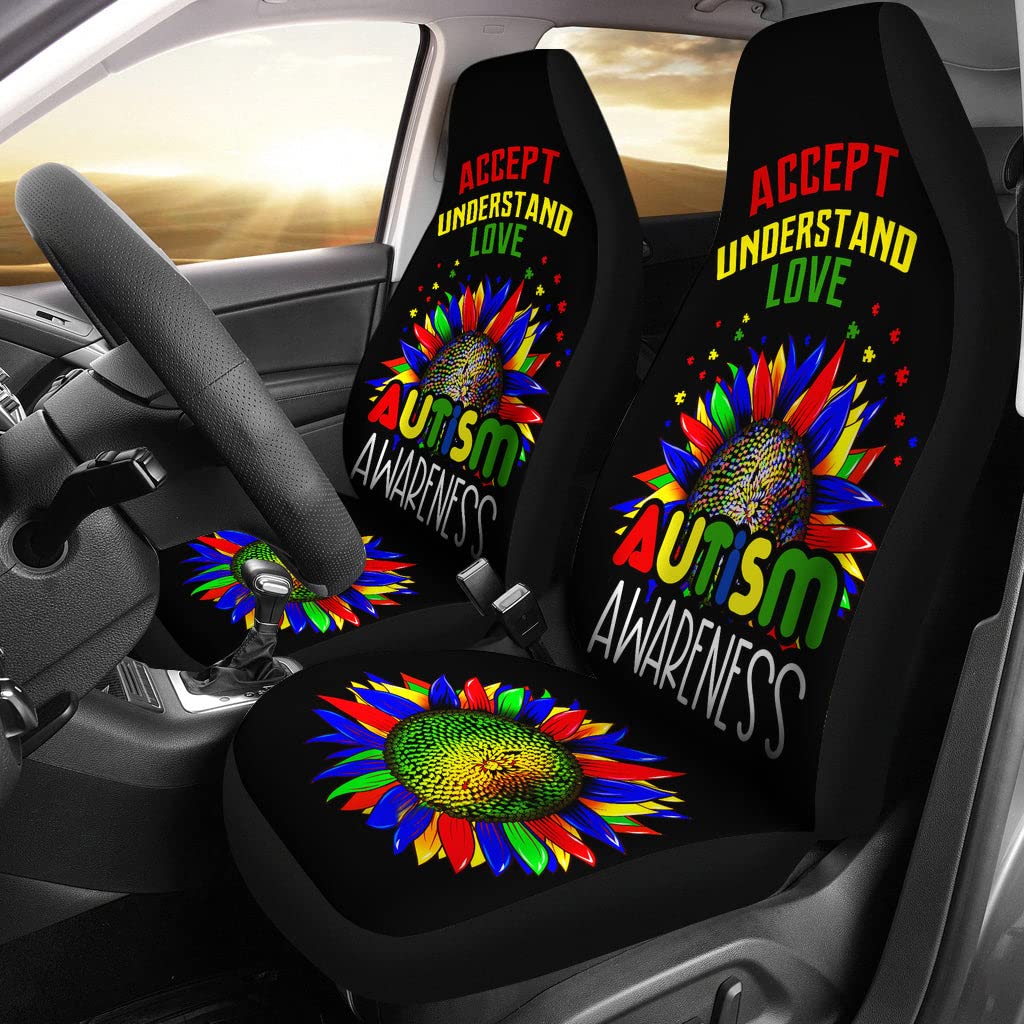 Schonbezüge Autoauflage Autism Awareness Sonnenblume Schwarz Universal Fit Autositzbezüge Vordersitze Universelle Auto Sitzbezüge Fashion Auto Sitzbezug Für Suvs, Lastwagen, Wohnmobil, 52X138Cm von Generic