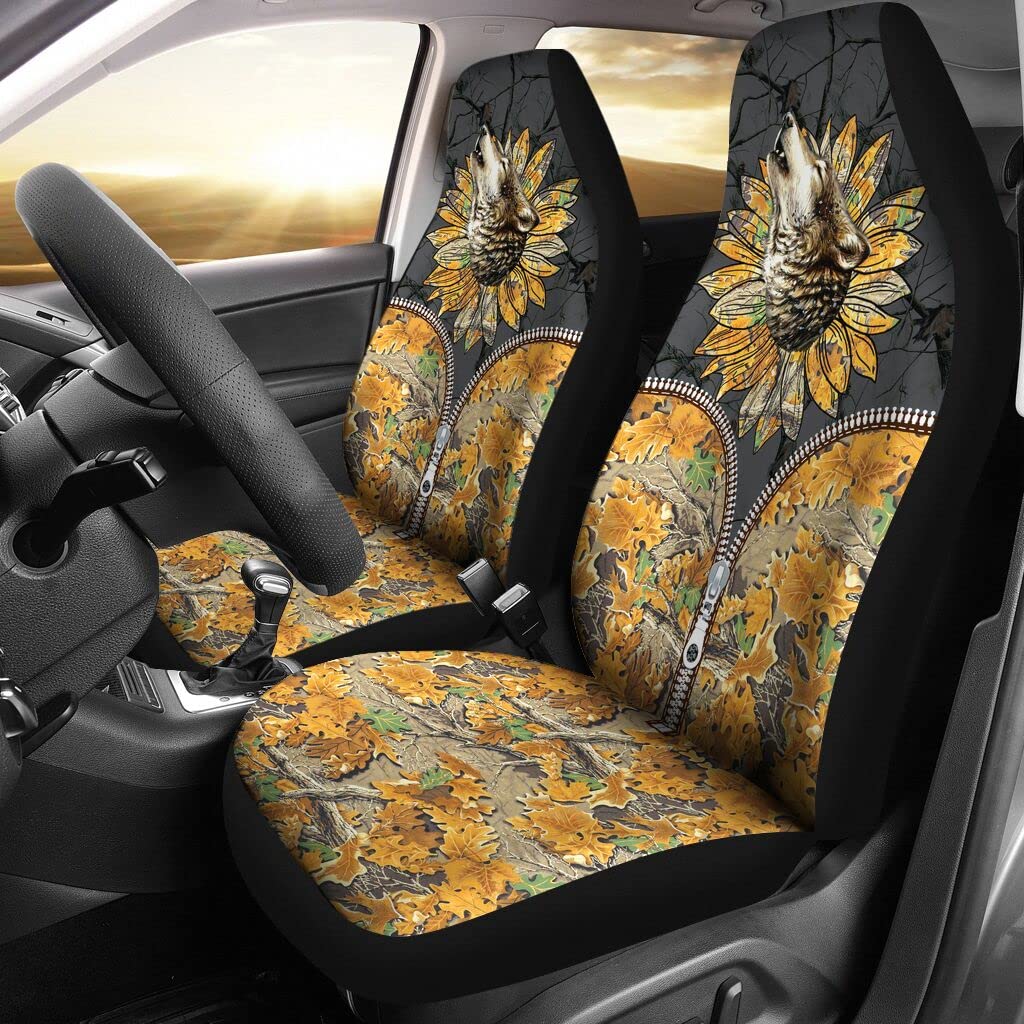 Schonbezüge Autoauflage Wolf Mit Camo Sunflower Zipper 3D Autositz Schonbezug rutschfeste Sitzbezüge Set Universal Universell Passende Autositzbezüge Für Lastwagen, Suvs, Wohnmobil, 52X138Cm von Generic