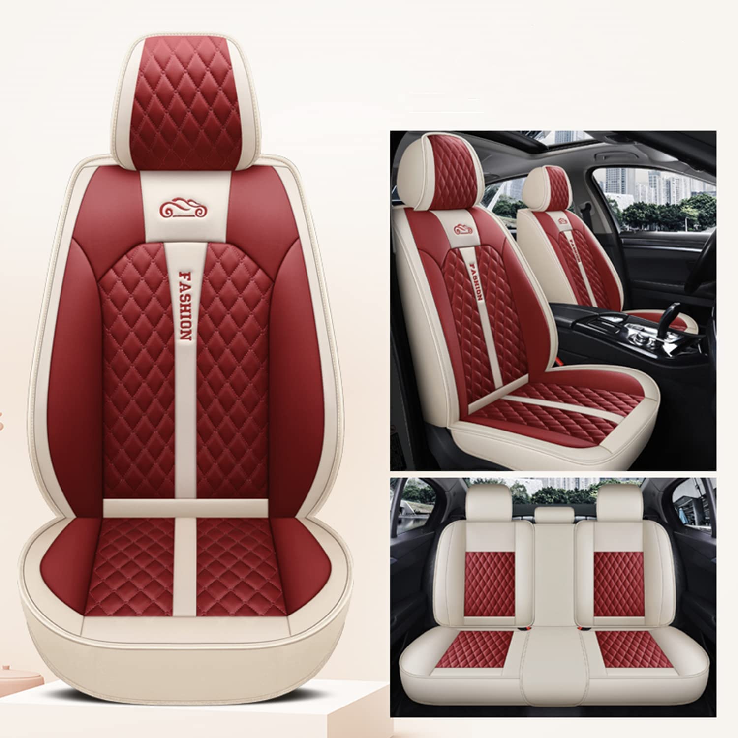 Schonbezüge Für Autositze Für Mitsubishi Diamante, Autositzbezüge Universell, Autositzbezug Leder, Wasserdichtes，Atmungsaktives, Verschleißfestes, A(Beige Red) von Generic