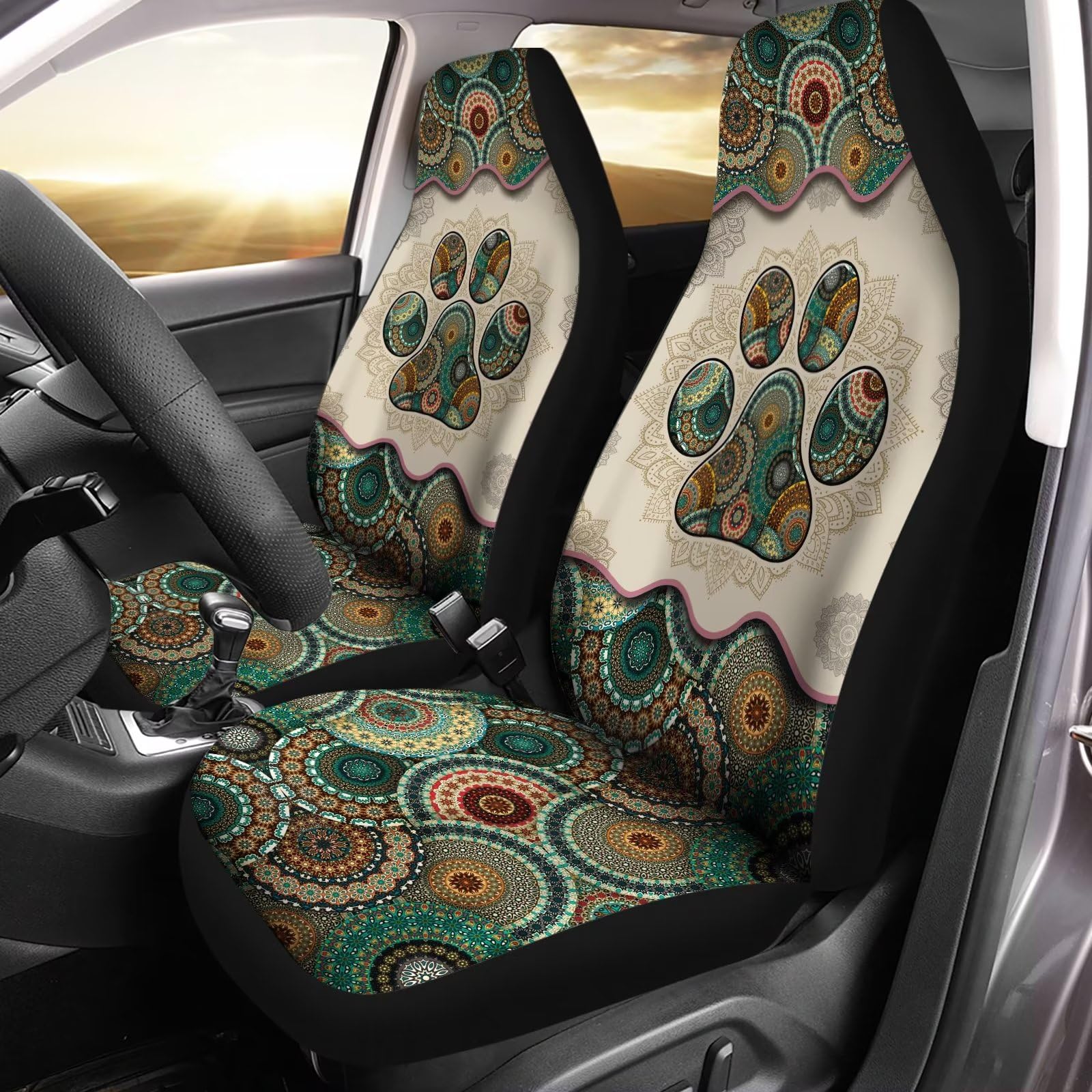 Sitzbezüge Boho Mandala Blume Hundepfote Schonbezüge Für Autositze Klassische Autositzschoner Einfache Installation Auto-Sitzbezüge Für Lieferwagen Pick-Up Truck Vier Jahreszeiten von Generic