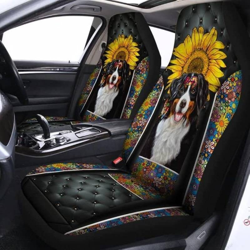 Sitzbezüge Set Universal Australian Shepherd Welpe Sonnenblume Und Blumen Ledermusterdruck Autositzbezüge Klassisch Auto-Zubehör rutschfeste Innenraum Sitzschoner Für Lastwagen, Fahrzeuge, Autos von Generic