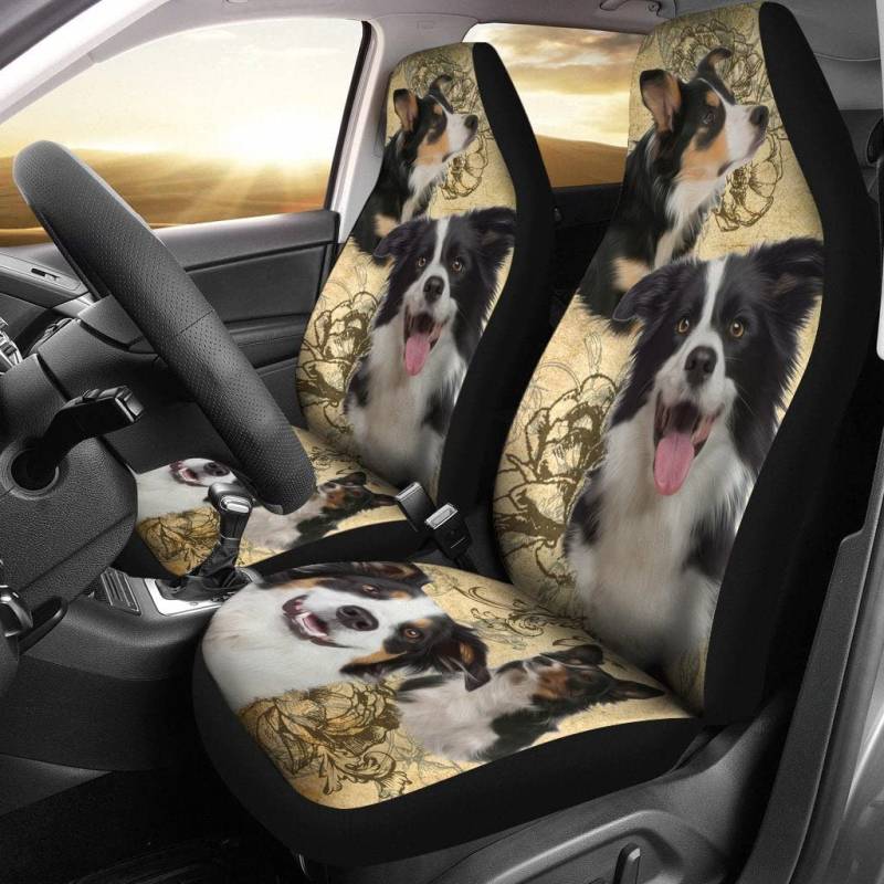 Sitzbezug Auto Vordersitze Zwei Border-Collie-Gefühls-Weinlese-Blume Autositzbezug rutschfeste Autositzbezüge Vordersitze Sportliche Schonbezüge Autoauflage Für Wagen, Fahrzeuge, Autos, 52X138Cm von Generic