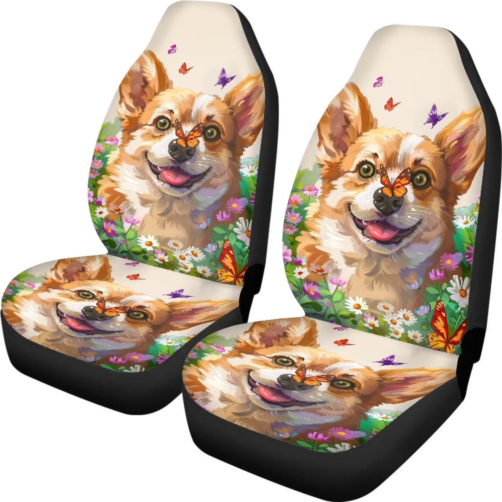 Sitzschoner Corgi Hund Blume Schmetterling Autositzbezüge Schonbezüge Universell Auto-Sitzbezüge Klassische Auto Vordersitzbezüge Für Fahrersitz Vier Jahreszeiten LKW von Generic