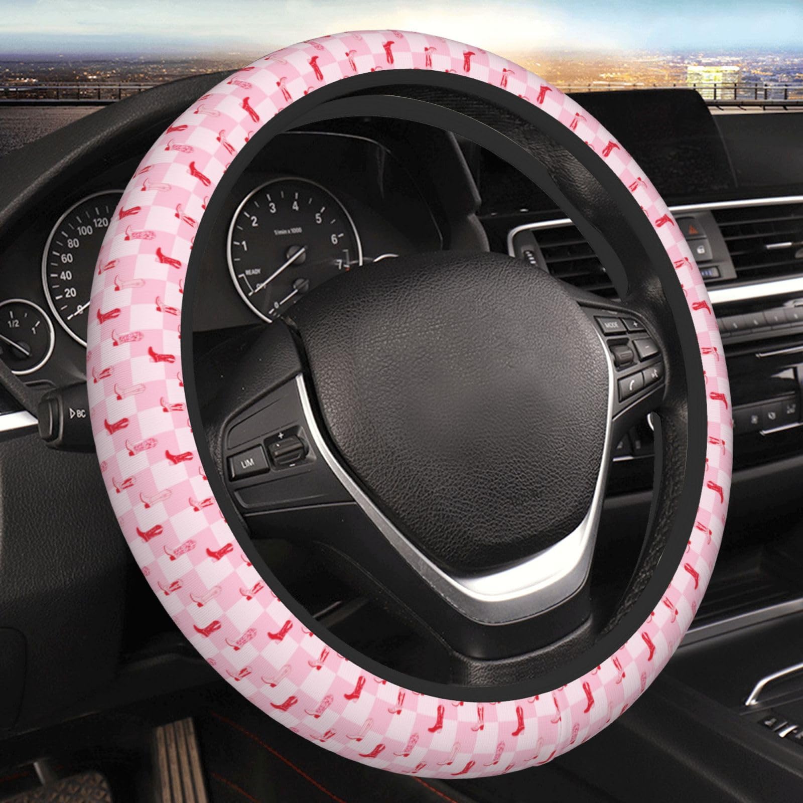 Steering Wheel Cover Retro Rosa Cowgirl Stiefel Schachbrett Geruch Frei Lenkradschutz Premium Lenkradschoner Für SUV Damen 38Cm von Generic