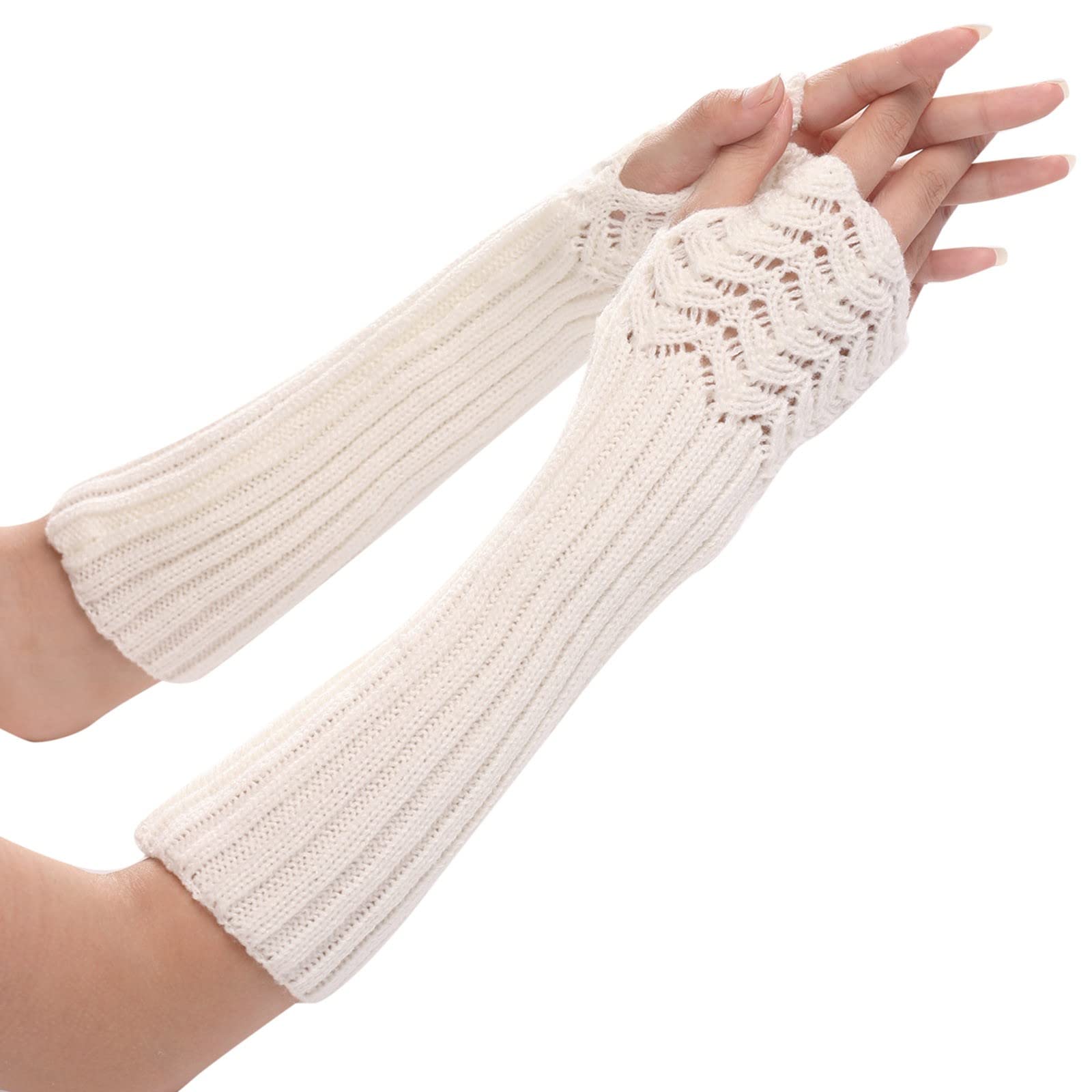 Thermal Gloves Women Damen Kabelstrick-Armwärmer-Handschuhe Super lange fingerlose -Handschuhe Fäustlinge Fingerlose Strick-Armwärmer-Ärmel-Fäustlinge Handschuhe Damen (White, One Size) von Generic