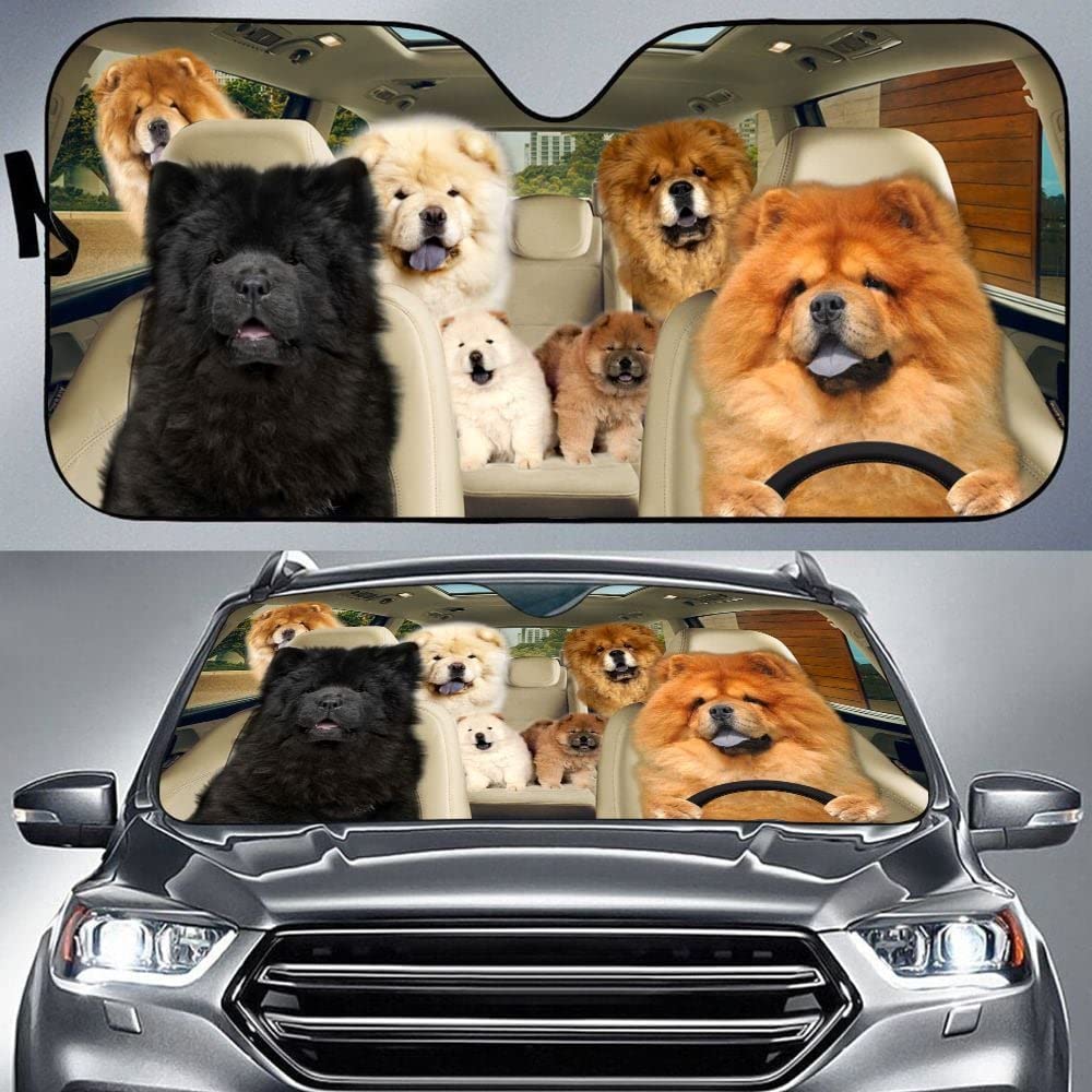 Universal Auto Sonnenschutz Chow-Chow-Hunde, Chow-Chow-Hundefamilie, Die Auto Fährt, Wasserbeständig Frontscheibenabdeckung Sonnenschutz Autoscheibenabdeckung Für Lastwagen Geländewagen Wagen M von Generic