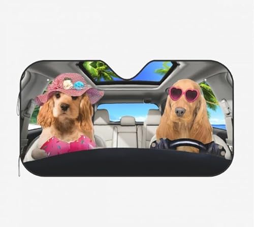 Generic Universal Auto Sonnenschutz Cocker Spaniel Hundepaar Beim Fahren, Sonnenschutz Frontscheibenabdeckung Wasserbeständig Auto Windschutzscheiben Abdeckung Für Wagen Geländewagen M von Generic