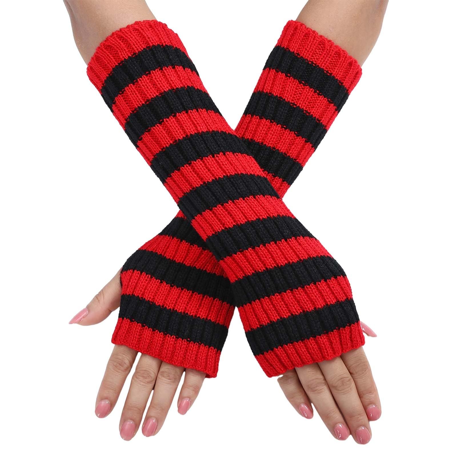 Warme und modische fingerlose Winterhandschuhe für Damen mit farbblockiertem Nadelstreifenstrick Lange Handschuhe Damen Schwarz (Watermelon Red, One Size) von Generic