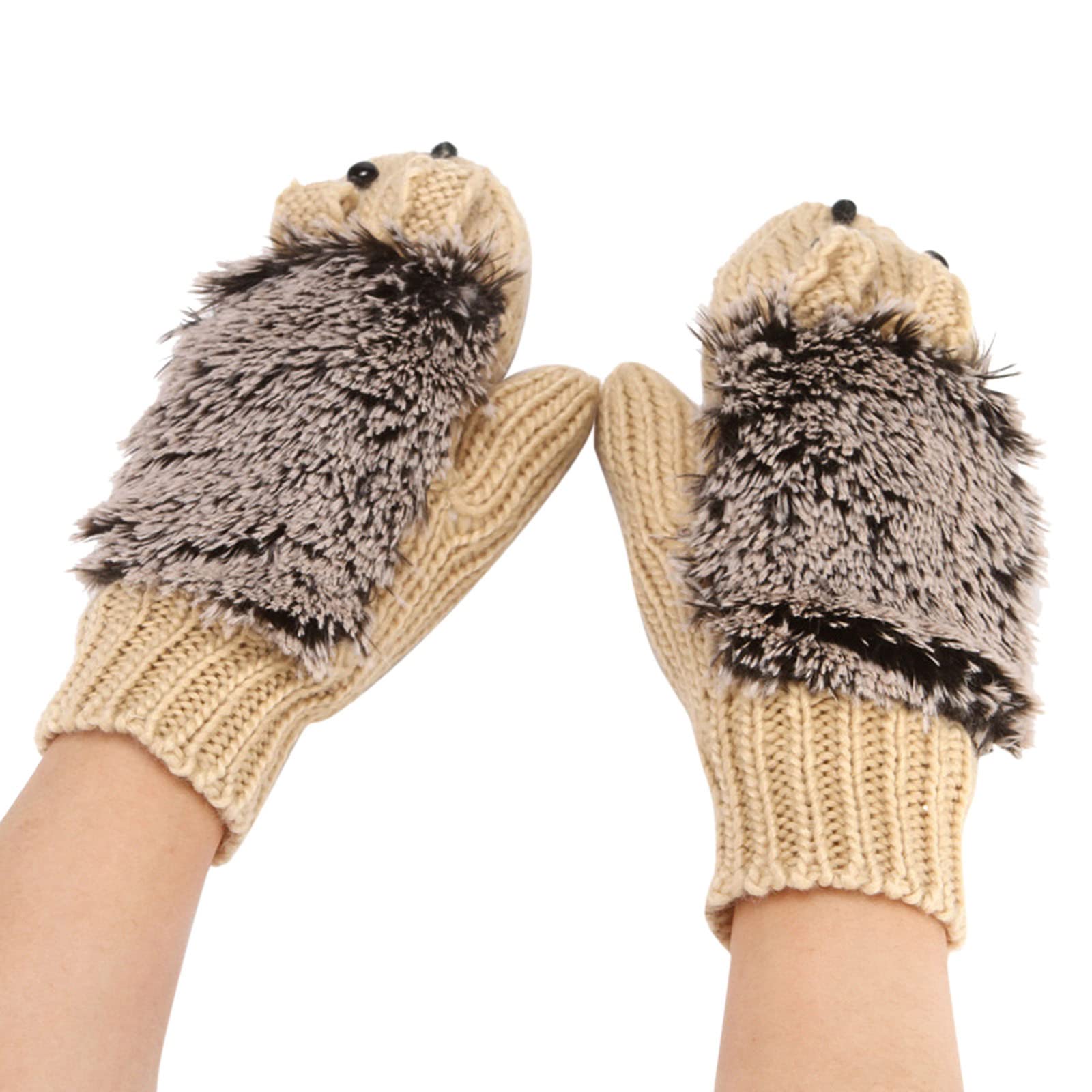 Wintermode warme Strickhandschuhe verdickte und Samtkopf-Igel-Handschuhe Lederhandschuhe Fingerlos Schwarz (Beige, One Size) von Generic