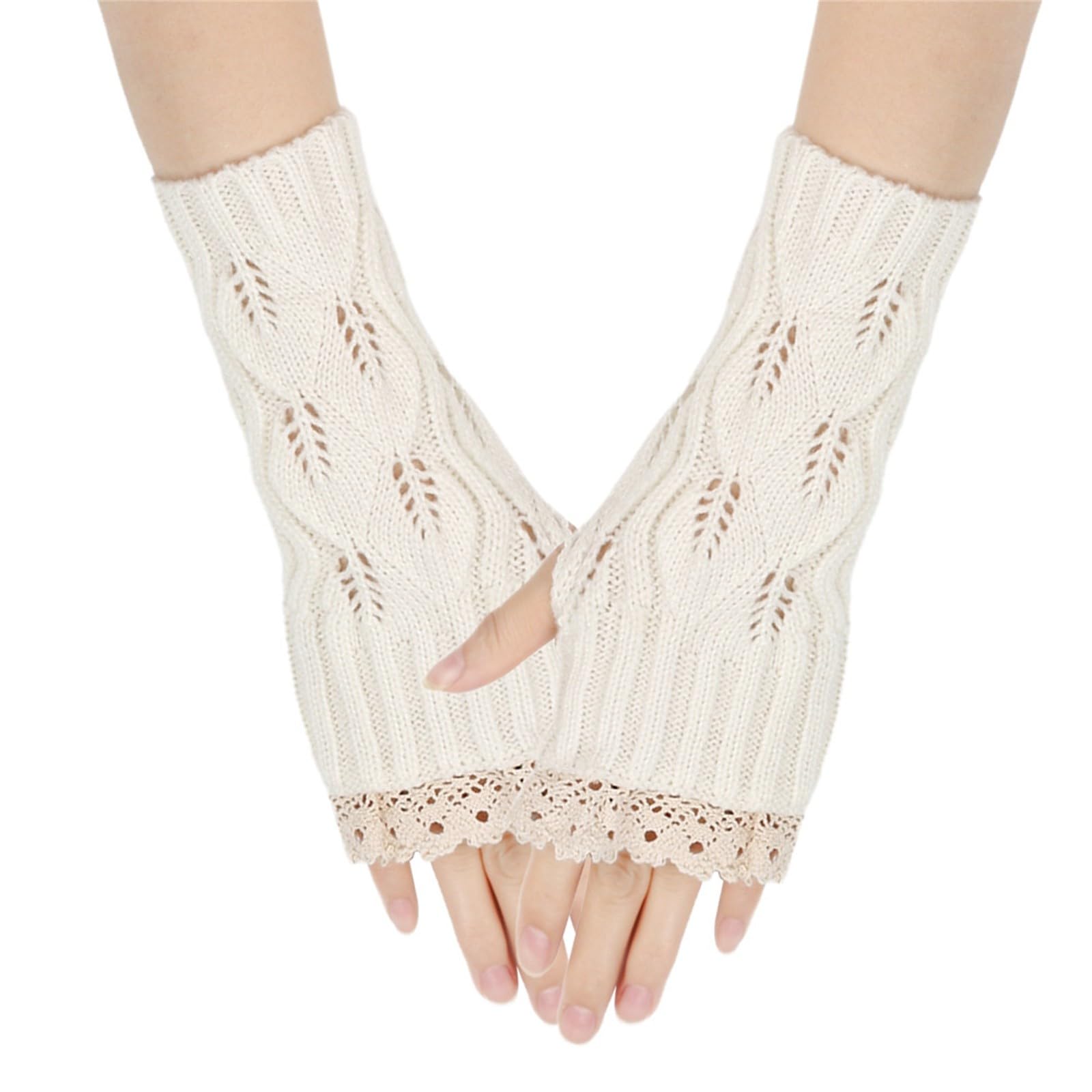 Women's Winter Splicing Lace Lace Knitted Acrylic Yarn Hollow Half Finger Gloves Latex Strümpfe Set (White, One Size) von Generic