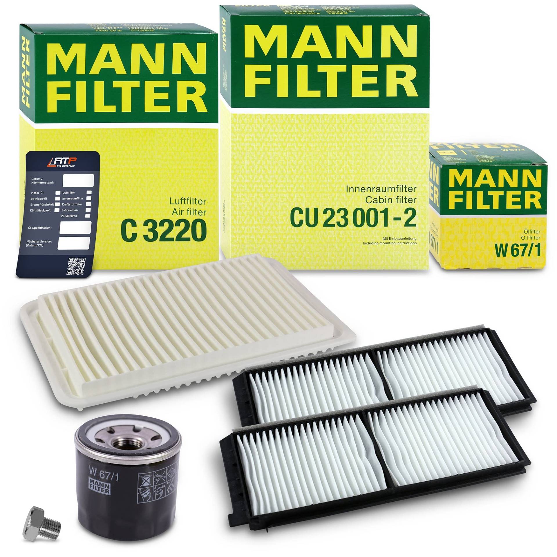 MANN-FILTER Inspektionspaket Filterset 1x Ölfilter, 1x Luftfilter, 1x Innenraumfilter, 1x Ölablassschraube mit Dichtring, 1x Ölwechselanhänger Kompatibel mit MAZDA 2 (DE_, DH_) von Generisch