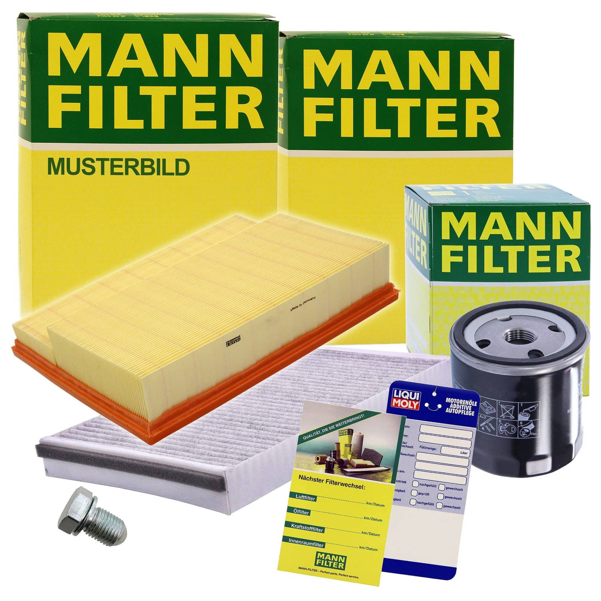 MANN-FILTER Inspektionspaket Filterset 1x Ölfilter, 1x Luftfilter, 1x Innenraumfilter (Aktivkohlefilter), 1x Ölablassschraube mit Dichtring, 1x Ölwechselanhänger Kompatibel mit FORD FOCUS Mk1, von Generisch