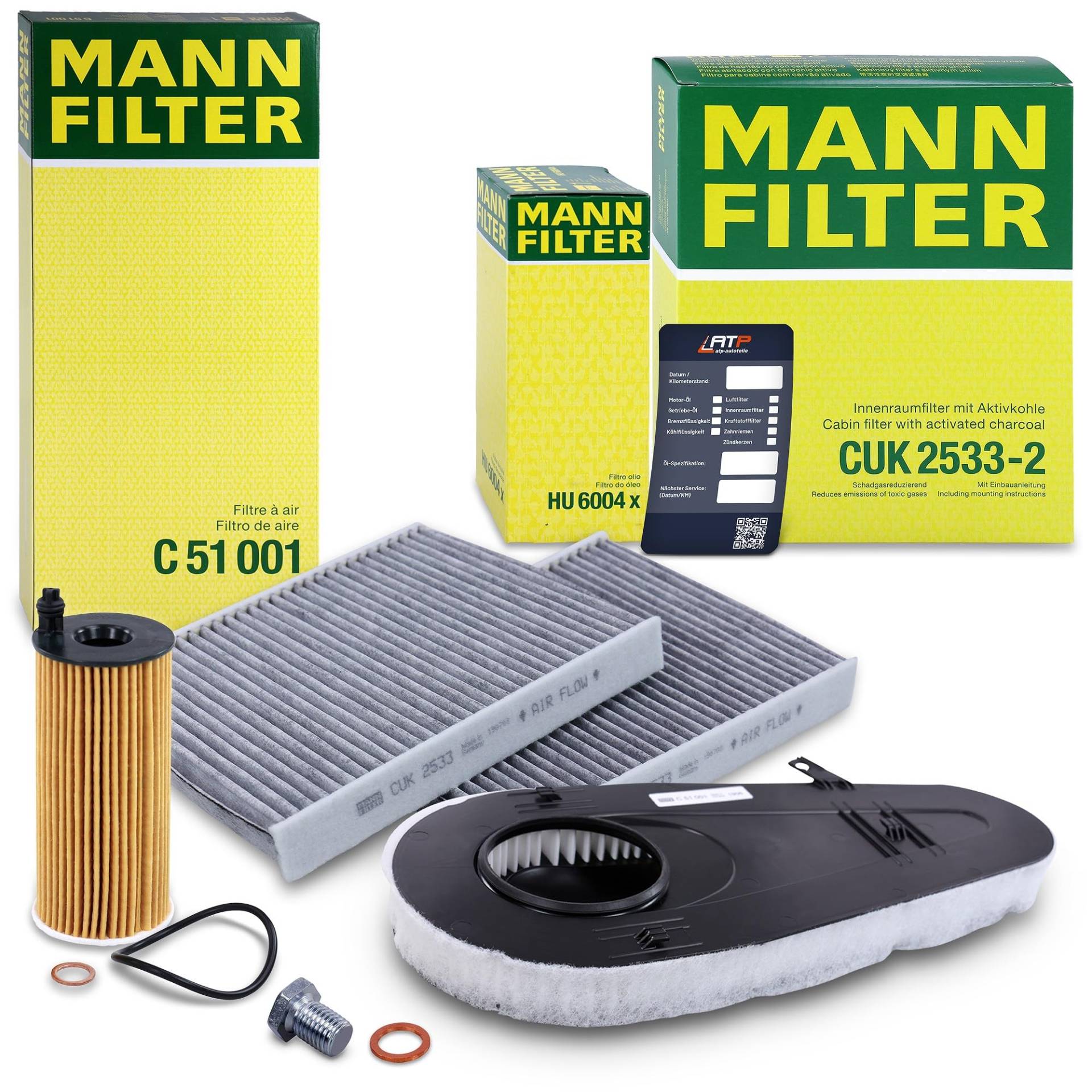 MANN-FILTER Inspektionspaket Filterset 1x Ölfilter, 1x Luftfilter, 2x Innenraumfilter (Aktivkohle), 1x Ölablassschraube mit Dichtring, 1x Ölwechselanhänger Kompatibel mit BMW 5er (F10)(F07)(F11) von Generisch